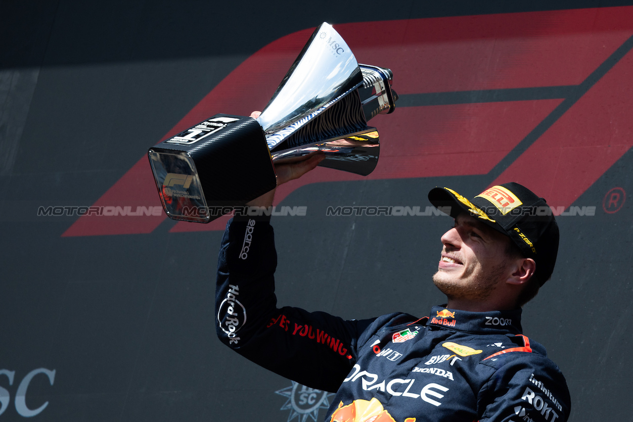 GP BELGIO, Gara winner Max Verstappen (NLD) Red Bull Racing celebrates on the podium.
30.07.2023. Formula 1 World Championship, Rd 13, Belgian Grand Prix, Spa Francorchamps, Belgium, Gara Day.
 - www.xpbimages.com, EMail: requests@xpbimages.com © Copyright: Rew / XPB Images