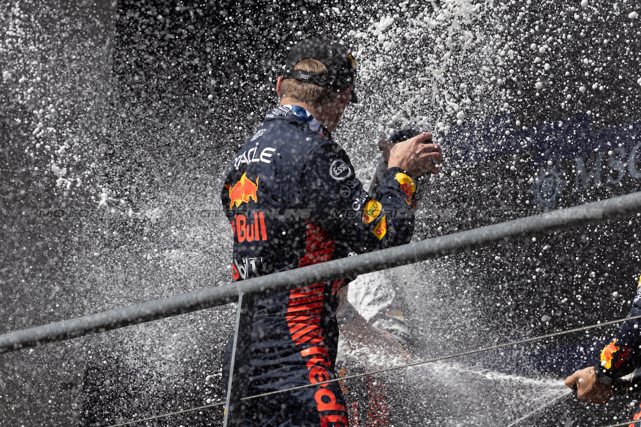 GP BELGIO, Gara winner Max Verstappen (NLD) Red Bull Racing celebrates on the podium.
30.07.2023. Formula 1 World Championship, Rd 13, Belgian Grand Prix, Spa Francorchamps, Belgium, Gara Day.
 - www.xpbimages.com, EMail: requests@xpbimages.com © Copyright: Rew / XPB Images