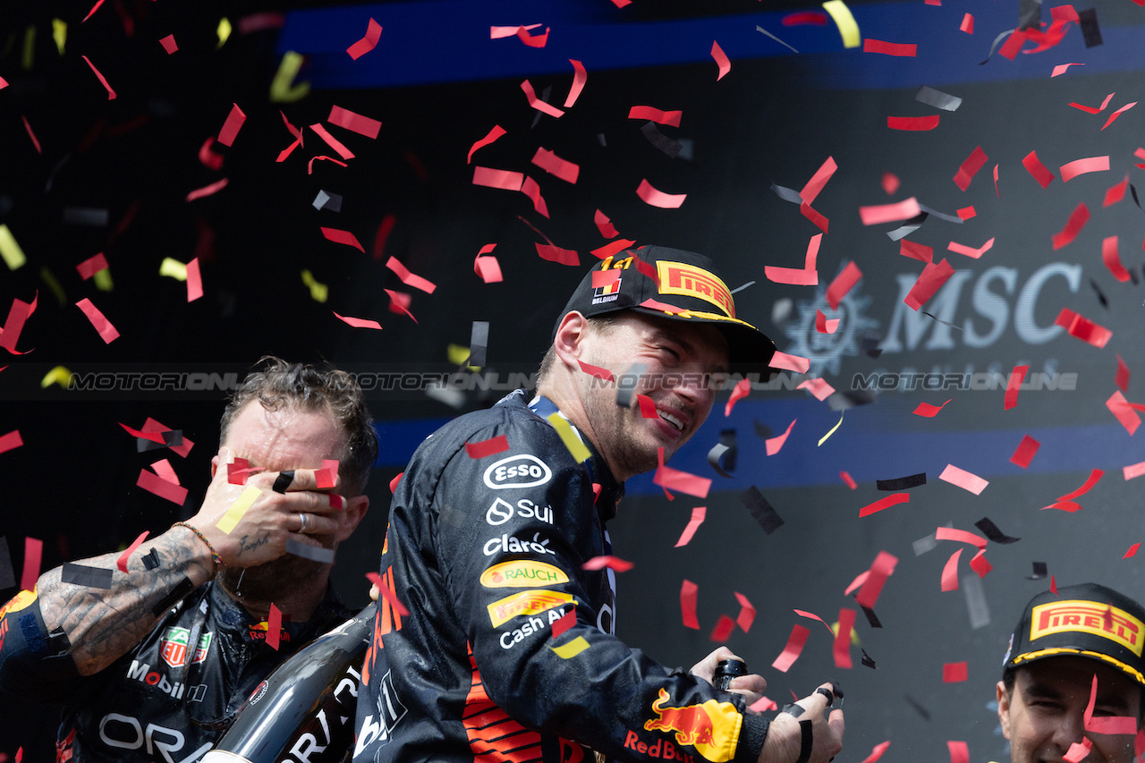 GP BELGIO, Gara winner Max Verstappen (NLD) Red Bull Racing celebrates on the podium.
30.07.2023. Formula 1 World Championship, Rd 13, Belgian Grand Prix, Spa Francorchamps, Belgium, Gara Day.
 - www.xpbimages.com, EMail: requests@xpbimages.com © Copyright: Rew / XPB Images