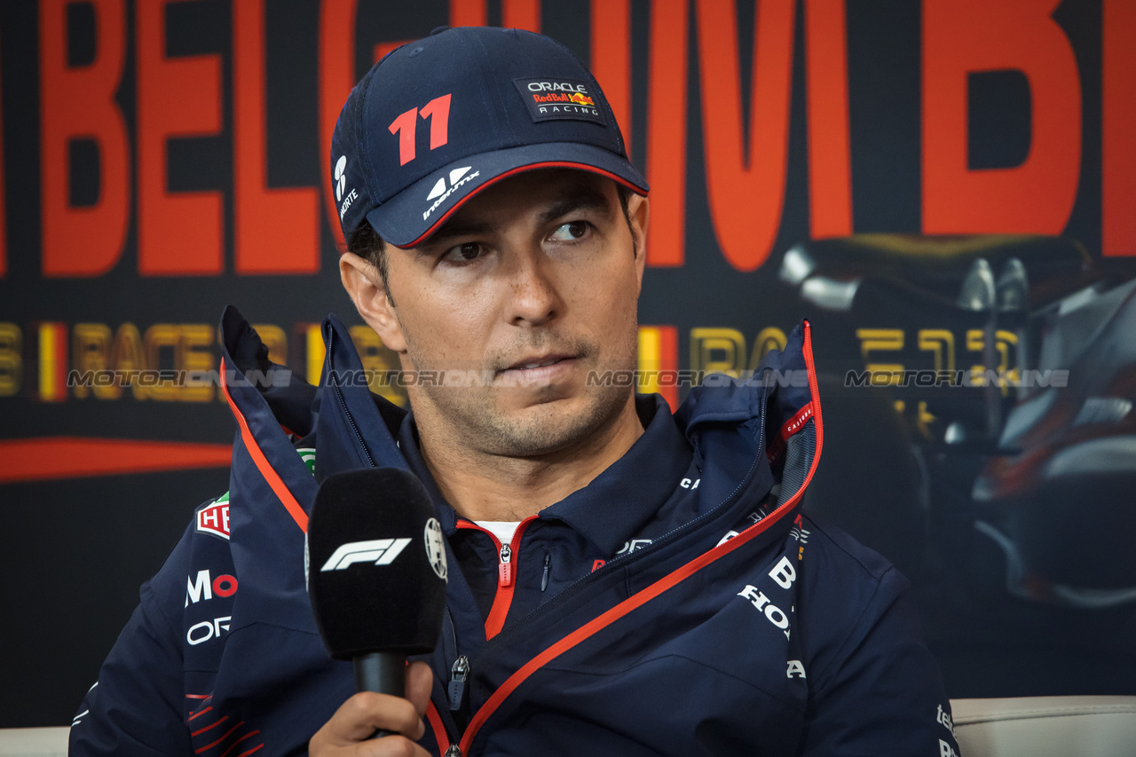 GP BELGIO, Sergio Perez (MEX) Red Bull Racing in the FIA Press Conference.

27.07.2023. Formula 1 World Championship, Rd 13, Belgian Grand Prix, Spa Francorchamps, Belgium, Preparation Day.

- www.xpbimages.com, EMail: requests@xpbimages.com © Copyright: Bearne / XPB Images