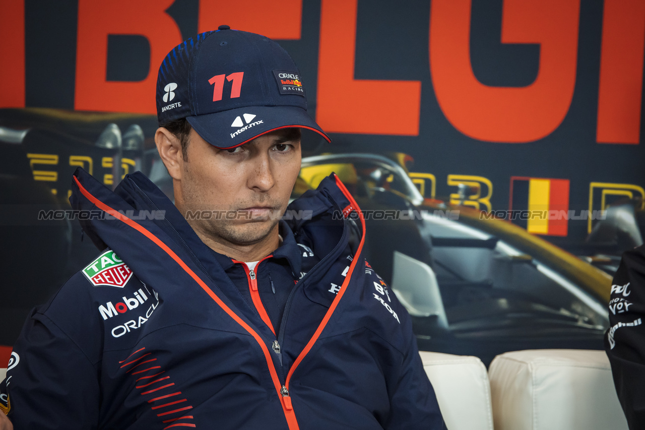 GP BELGIO, Sergio Perez (MEX) Red Bull Racing in the FIA Press Conference.

27.07.2023. Formula 1 World Championship, Rd 13, Belgian Grand Prix, Spa Francorchamps, Belgium, Preparation Day.

- www.xpbimages.com, EMail: requests@xpbimages.com © Copyright: Bearne / XPB Images