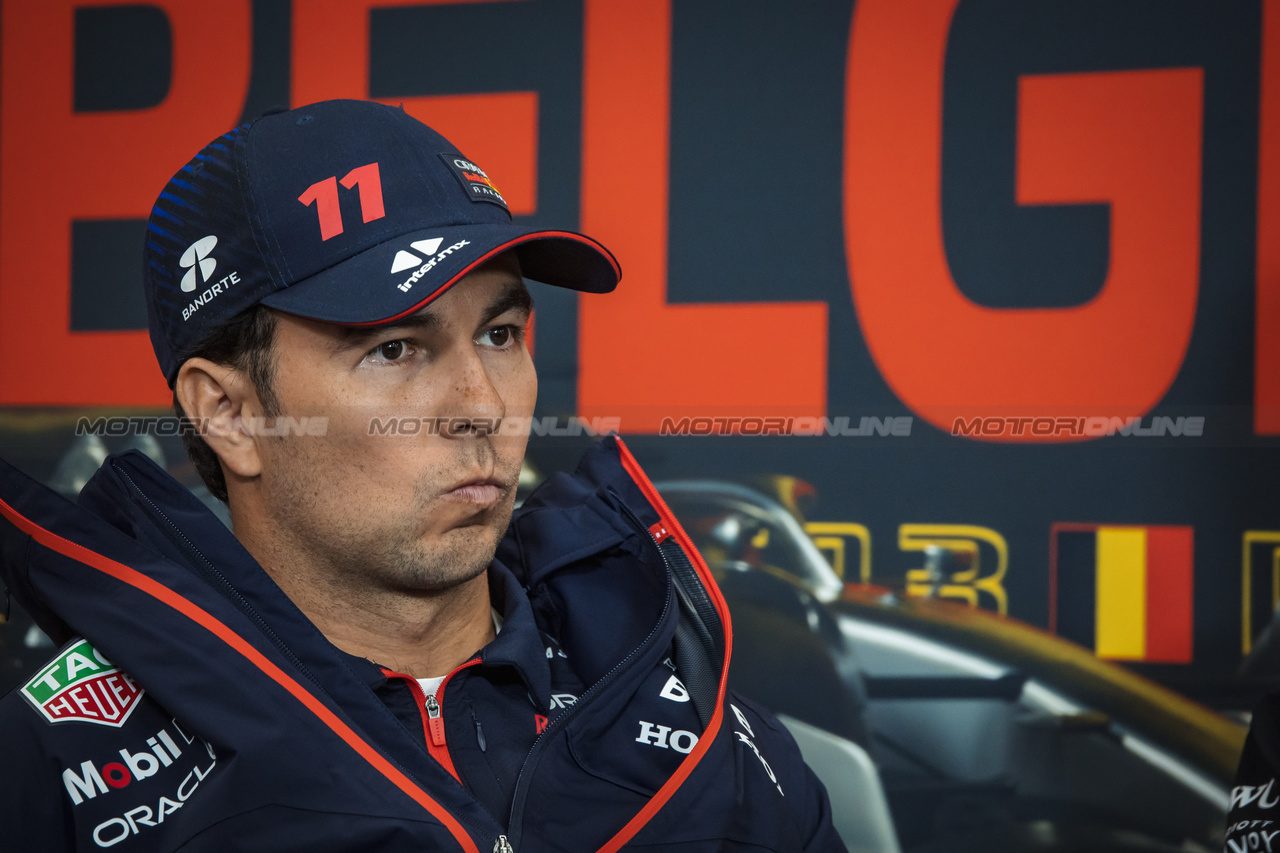 GP BELGIO, Sergio Perez (MEX) Red Bull Racing in the FIA Press Conference.

27.07.2023. Formula 1 World Championship, Rd 13, Belgian Grand Prix, Spa Francorchamps, Belgium, Preparation Day.

- www.xpbimages.com, EMail: requests@xpbimages.com © Copyright: Bearne / XPB Images