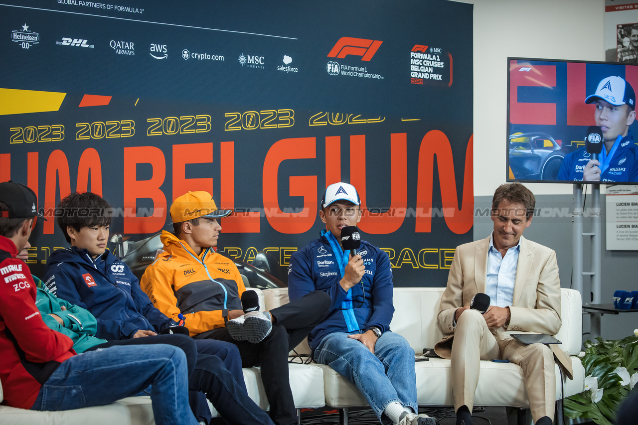 GP BELGIO, (L to R): Charles Leclerc (MON) Ferrari; Lance Stroll (CDN) Aston Martin F1 Team; Yuki Tsunoda (JPN) AlphaTauri; Lando Norris (GBR) McLaren; e Alexander Albon (THA) Williams Racing, in the FIA Press Conference.

27.07.2023. Formula 1 World Championship, Rd 13, Belgian Grand Prix, Spa Francorchamps, Belgium, Preparation Day.

- www.xpbimages.com, EMail: requests@xpbimages.com © Copyright: Bearne / XPB Images