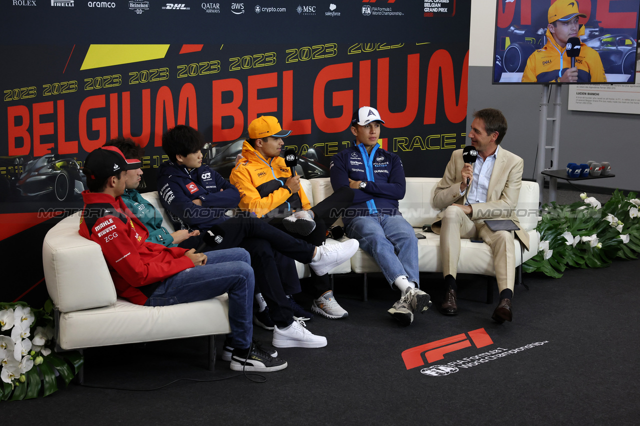 GP BELGIO, (L to R): Charles Leclerc (MON) Ferrari; Lance Stroll (CDN) Aston Martin F1 Team; Yuki Tsunoda (JPN) AlphaTauri; Lando Norris (GBR) McLaren; e Alexander Albon (THA) Williams Racing, in the FIA Press Conference.

27.07.2023. Formula 1 World Championship, Rd 13, Belgian Grand Prix, Spa Francorchamps, Belgium, Preparation Day.

 - www.xpbimages.com, EMail: requests@xpbimages.com © Copyright: Rew / XPB Images