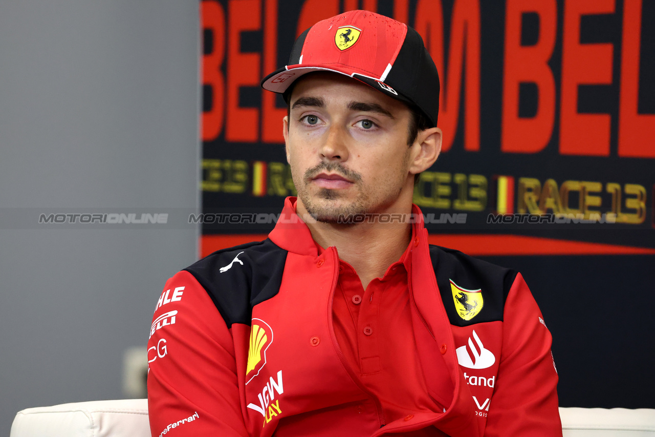 GP BELGIO, Charles Leclerc (MON) Ferrari in the FIA Press Conference.

27.07.2023. Formula 1 World Championship, Rd 13, Belgian Grand Prix, Spa Francorchamps, Belgium, Preparation Day.

 - www.xpbimages.com, EMail: requests@xpbimages.com © Copyright: Rew / XPB Images