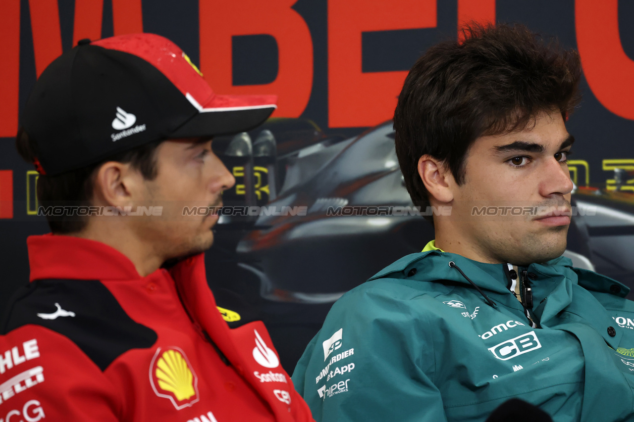 GP BELGIO, Lance Stroll (CDN) Aston Martin F1 Team e Charles Leclerc (MON) Ferrari in the FIA Press Conference.

27.07.2023. Formula 1 World Championship, Rd 13, Belgian Grand Prix, Spa Francorchamps, Belgium, Preparation Day.

 - www.xpbimages.com, EMail: requests@xpbimages.com © Copyright: Rew / XPB Images