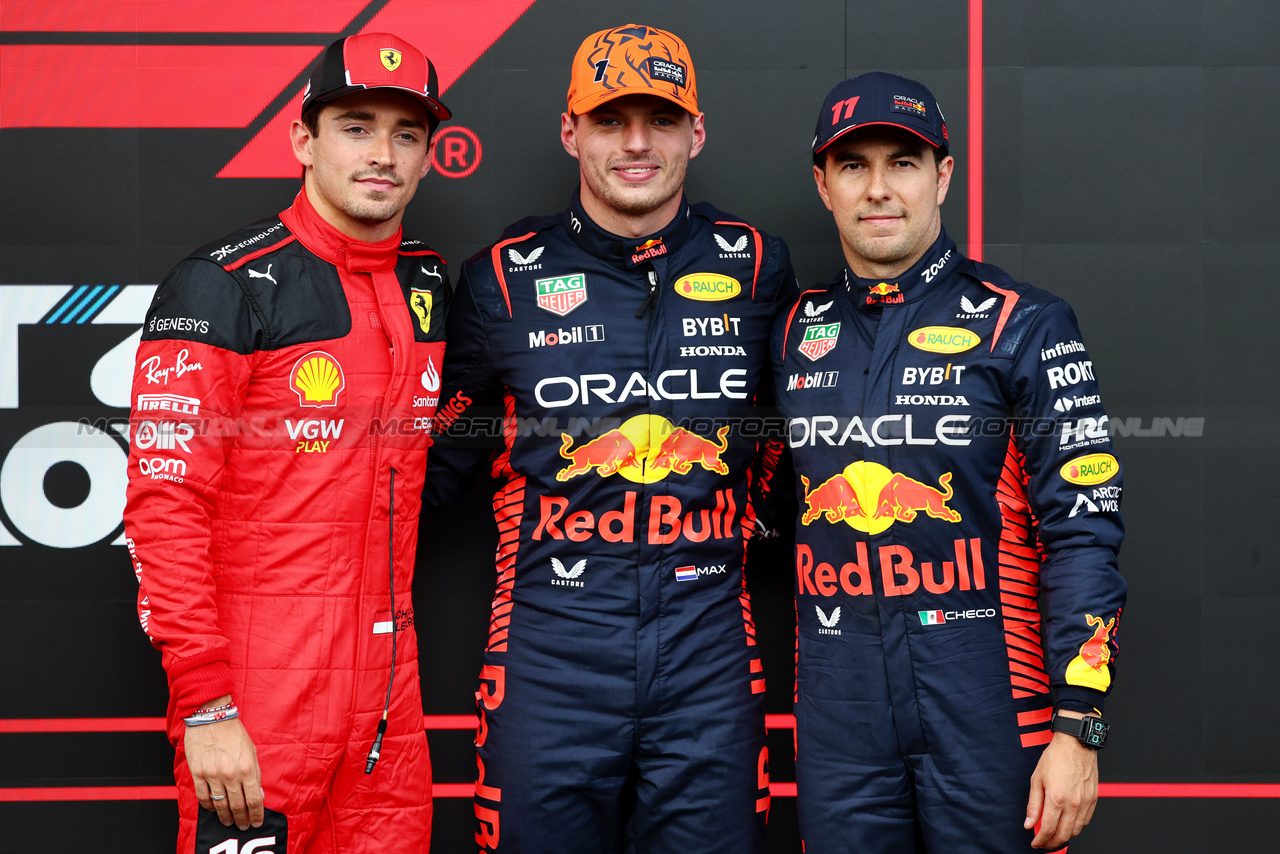 GP BELGIO, Qualifiche top three in parc ferme (L to R): Charles Leclerc (MON) Ferrari, second; Max Verstappen (NLD) Red Bull Racing, pole position; Sergio Perez (MEX) Red Bull Racing, third.

28.07.2023. Formula 1 World Championship, Rd 13, Belgian Grand Prix, Spa Francorchamps, Belgium, Qualifiche Day.

- www.xpbimages.com, EMail: requests@xpbimages.com © Copyright: Batchelor / XPB Images