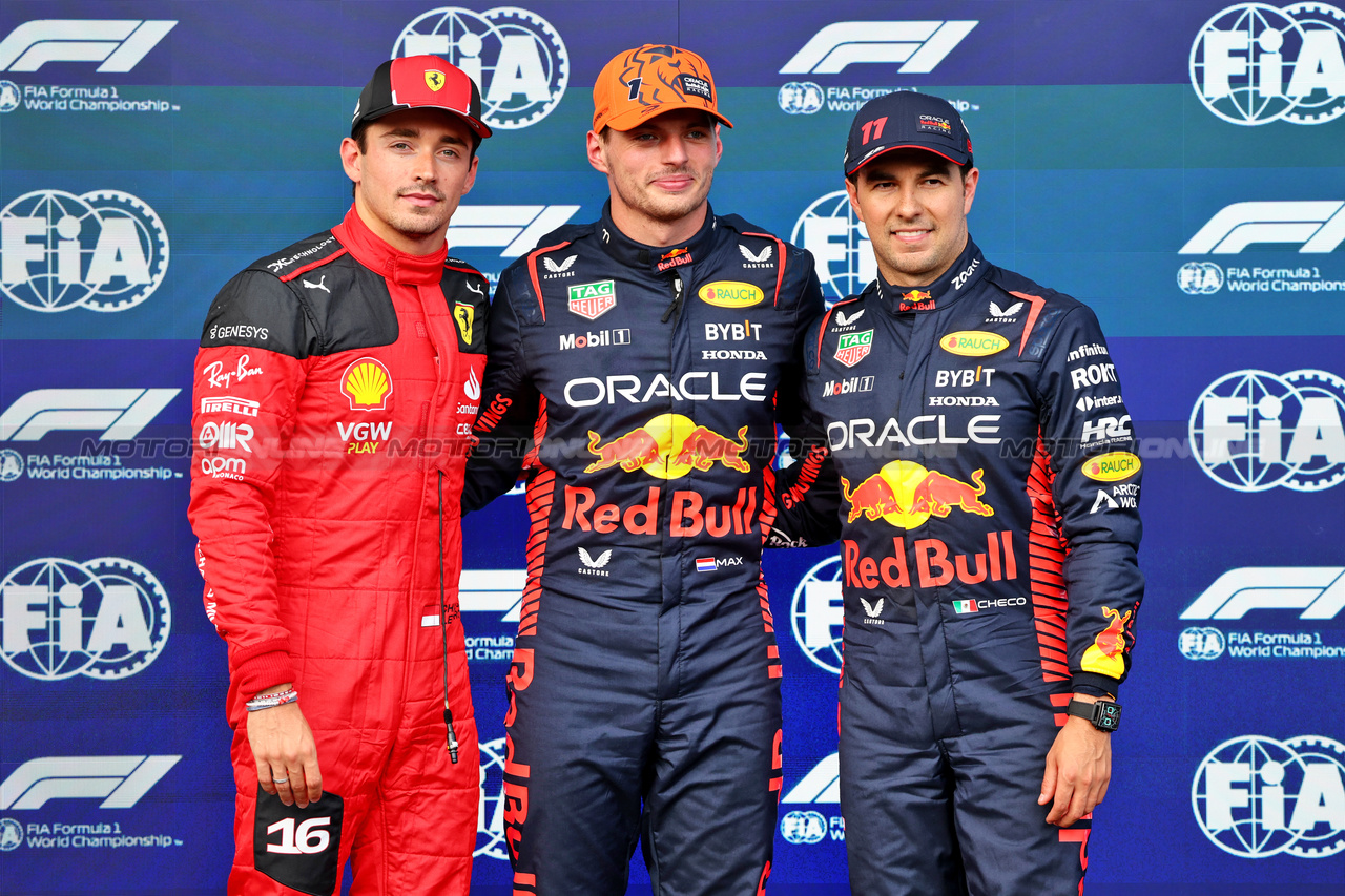GP BELGIO, Qualifiche top three in parc ferme (L to R): Charles Leclerc (MON) Ferrari, second; Max Verstappen (NLD) Red Bull Racing, pole position; Sergio Perez (MEX) Red Bull Racing, third.

28.07.2023. Formula 1 World Championship, Rd 13, Belgian Grand Prix, Spa Francorchamps, Belgium, Qualifiche Day.

- www.xpbimages.com, EMail: requests@xpbimages.com © Copyright: Batchelor / XPB Images