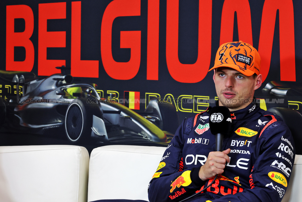 GP BELGIO, Max Verstappen (NLD) Red Bull Racing in the post qualifying FIA Press Conference.
28.07.2023. Formula 1 World Championship, Rd 13, Belgian Grand Prix, Spa Francorchamps, Belgium, Qualifiche Day.
- www.xpbimages.com, EMail: requests@xpbimages.com © Copyright: Bearne / XPB Images
