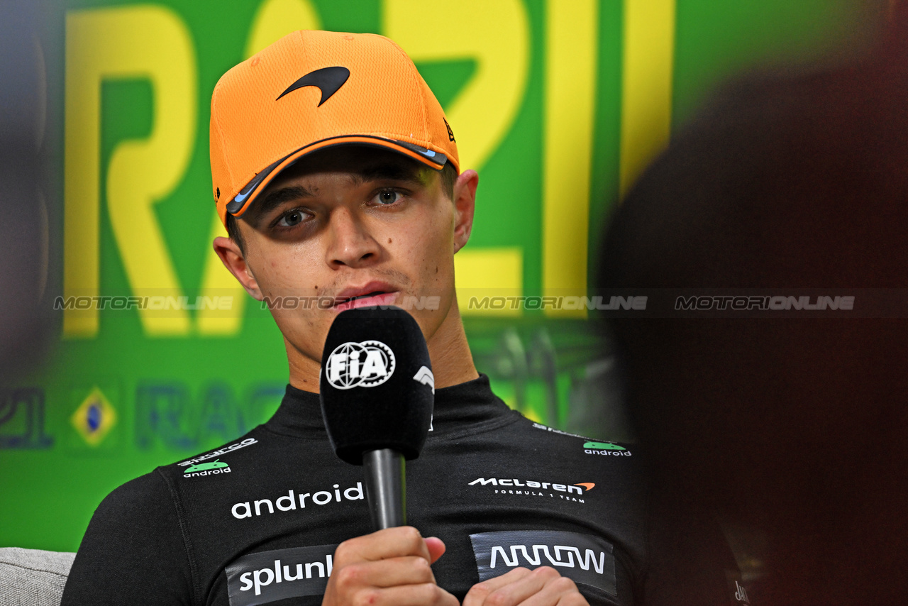 GP BRASILE, Lando Norris (GBR) McLaren in the post race FIA Press Conference.

05.11.2023. Formula 1 World Championship, Rd 21, Brazilian Grand Prix, Sao Paulo, Brazil, Gara Day.

- www.xpbimages.com, EMail: requests@xpbimages.com © Copyright: Price / XPB Images