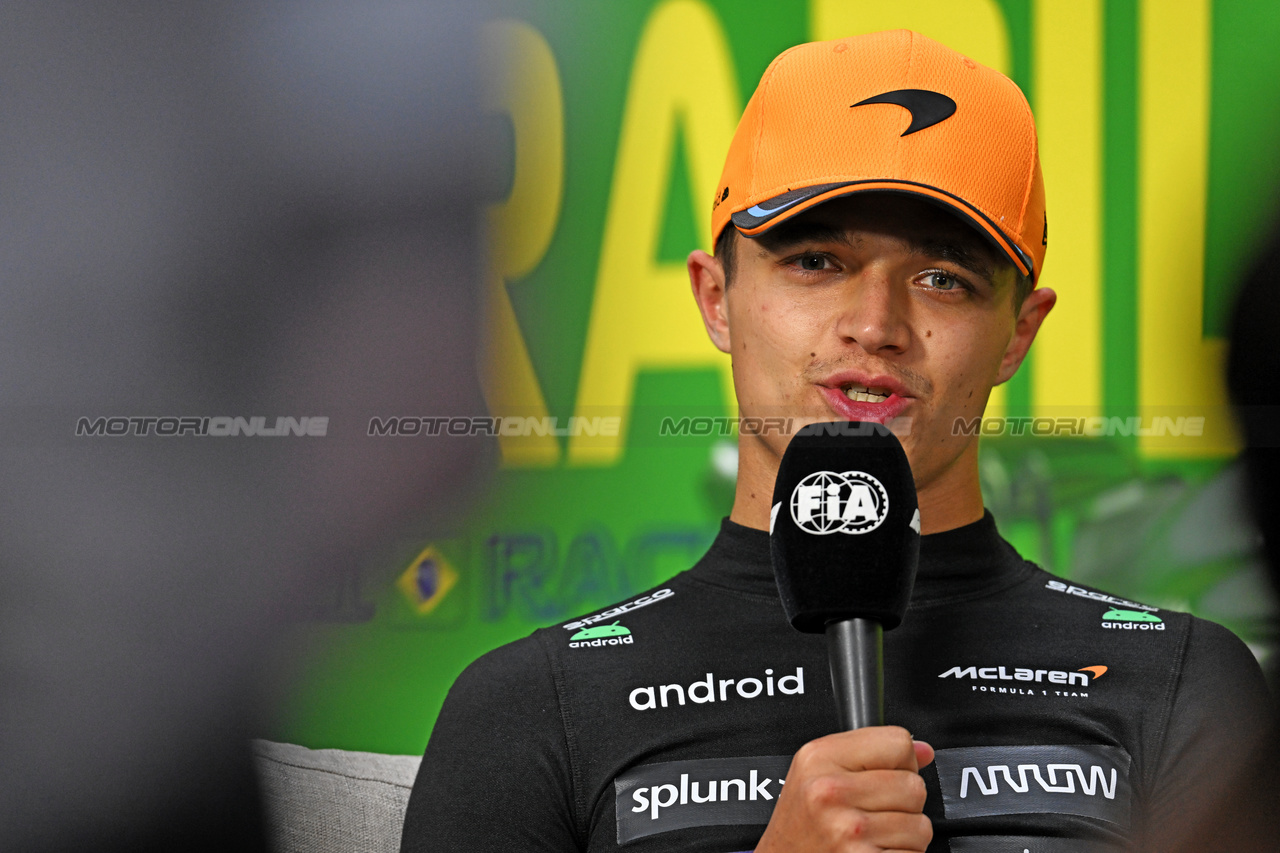 GP BRASILE, Lando Norris (GBR) McLaren in the post race FIA Press Conference.

05.11.2023. Formula 1 World Championship, Rd 21, Brazilian Grand Prix, Sao Paulo, Brazil, Gara Day.

- www.xpbimages.com, EMail: requests@xpbimages.com © Copyright: Price / XPB Images