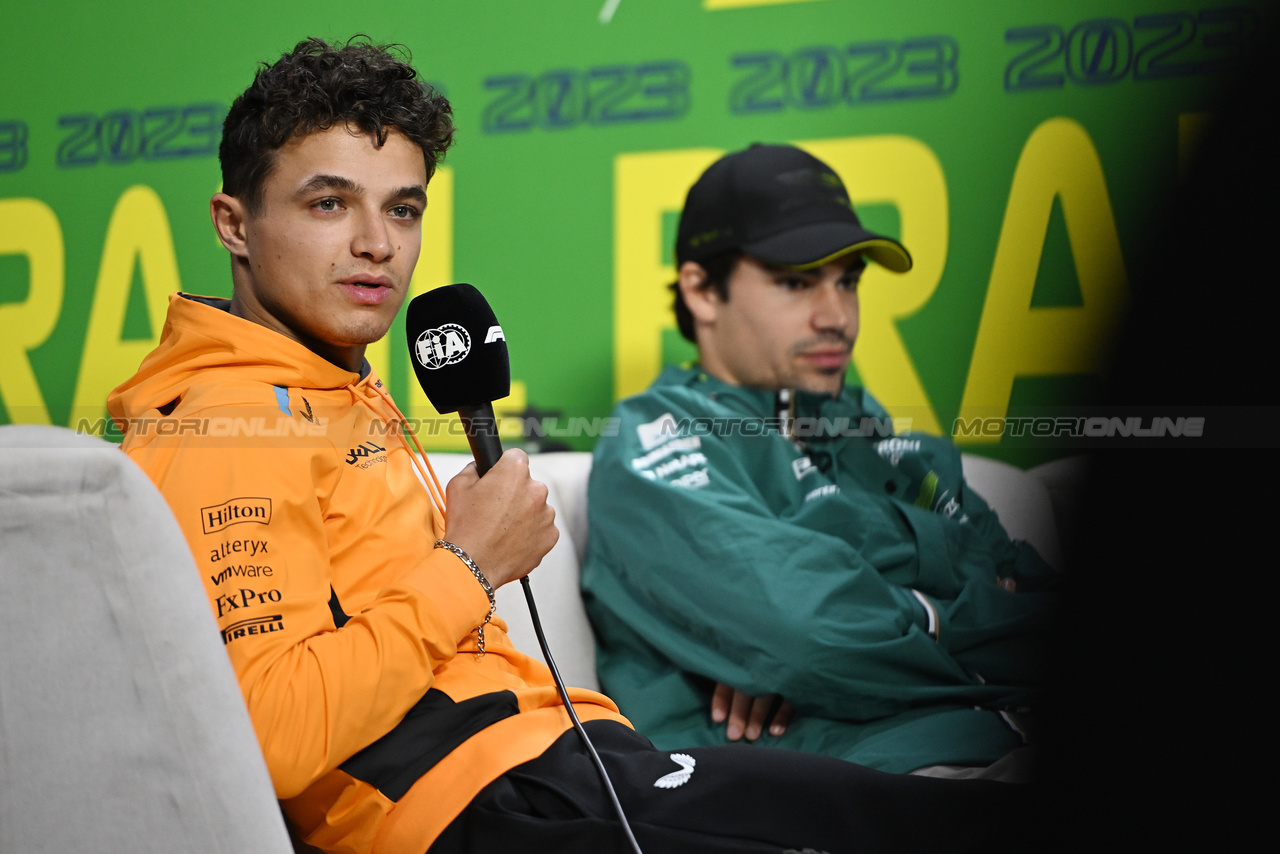 GP BRASILE, Lando Norris (GBR) McLaren in the FIA Press Conference.

02.11.2023. Formula 1 World Championship, Rd 21, Brazilian Grand Prix, Sao Paulo, Brazil, Preparation Day.

- www.xpbimages.com, EMail: requests@xpbimages.com © Copyright: Price / XPB Images