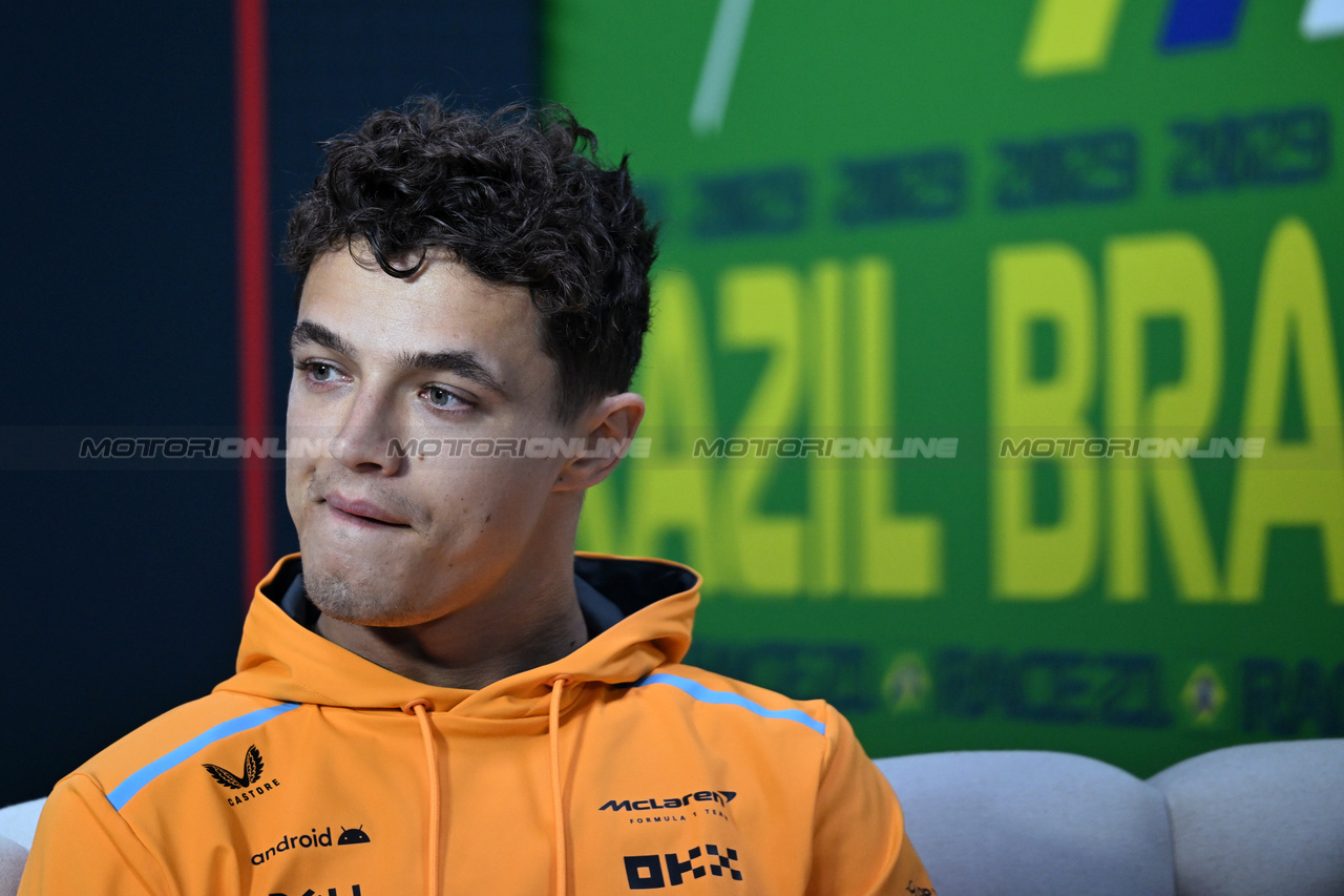 GP BRASILE, Lando Norris (GBR) McLaren in the FIA Press Conference.

02.11.2023. Formula 1 World Championship, Rd 21, Brazilian Grand Prix, Sao Paulo, Brazil, Preparation Day.

- www.xpbimages.com, EMail: requests@xpbimages.com © Copyright: Price / XPB Images