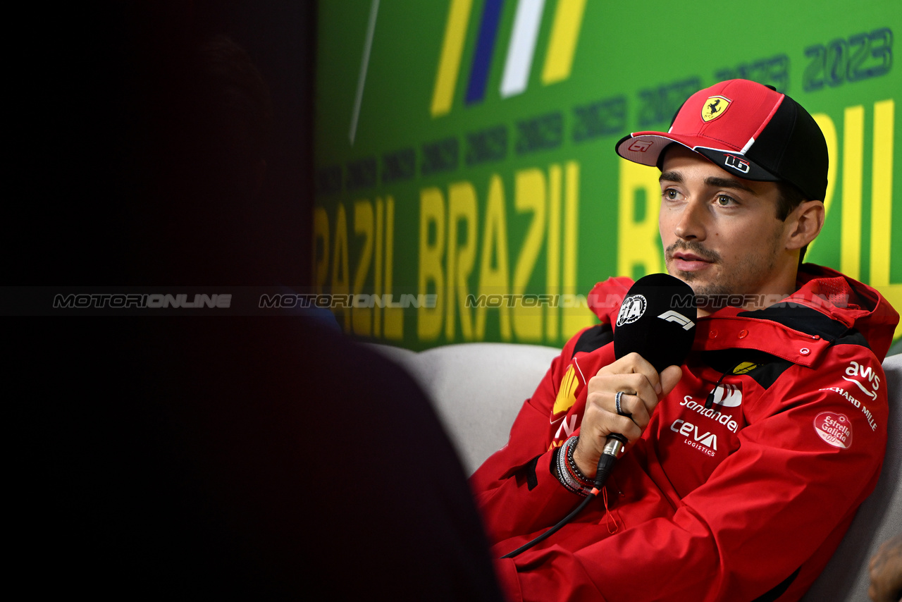 GP BRASILE, Charles Leclerc (MON) Ferrari in the FIA Press Conference.

02.11.2023. Formula 1 World Championship, Rd 21, Brazilian Grand Prix, Sao Paulo, Brazil, Preparation Day.

- www.xpbimages.com, EMail: requests@xpbimages.com © Copyright: Price / XPB Images