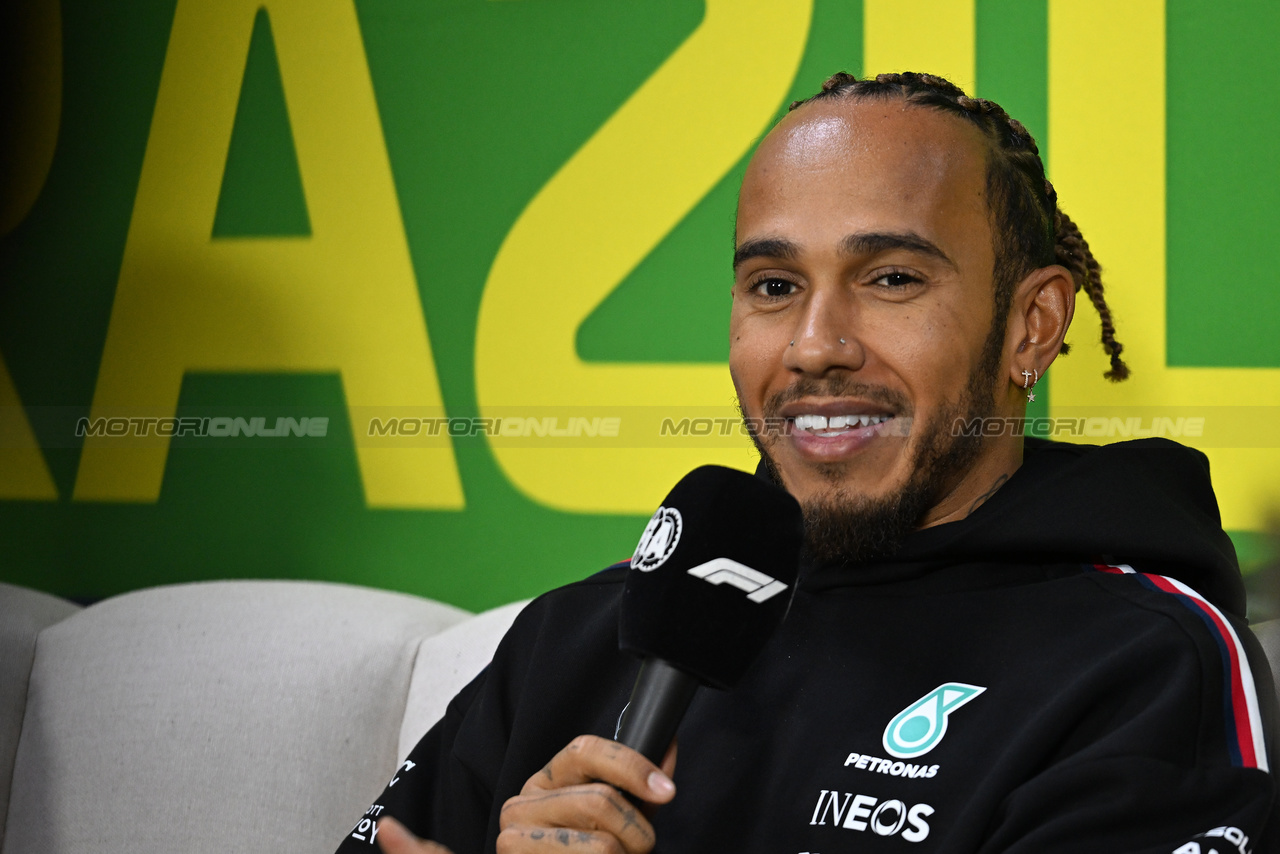 GP BRASILE, Lewis Hamilton (GBR) Mercedes AMG F1 in the FIA Press Conference.

02.11.2023. Formula 1 World Championship, Rd 21, Brazilian Grand Prix, Sao Paulo, Brazil, Preparation Day.

- www.xpbimages.com, EMail: requests@xpbimages.com © Copyright: Price / XPB Images