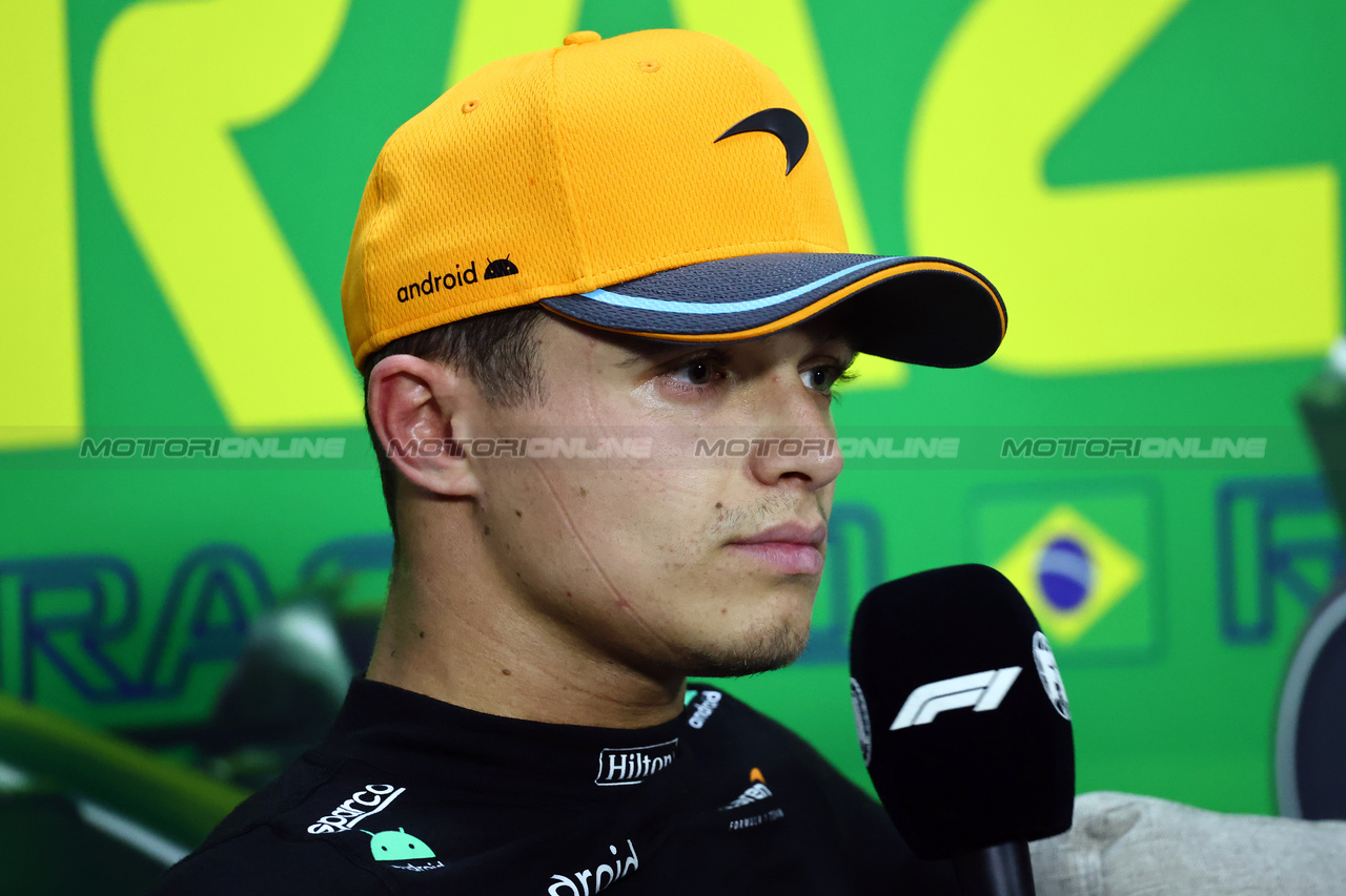 GP BRASILE, Lando Norris (GBR) McLaren in the post Sprint FIA Press Conference.

04.11.2023. Formula 1 World Championship, Rd 21, Brazilian Grand Prix, Sao Paulo, Brazil, Sprint Day.

- www.xpbimages.com, EMail: requests@xpbimages.com © Copyright: Batchelor / XPB Images