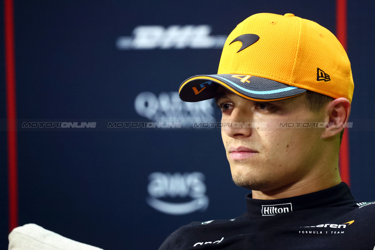 GP BRASILE, Lando Norris (GBR) McLaren in the post Sprint FIA Press Conference.

04.11.2023. Formula 1 World Championship, Rd 21, Brazilian Grand Prix, Sao Paulo, Brazil, Sprint Day.

- www.xpbimages.com, EMail: requests@xpbimages.com © Copyright: Batchelor / XPB Images