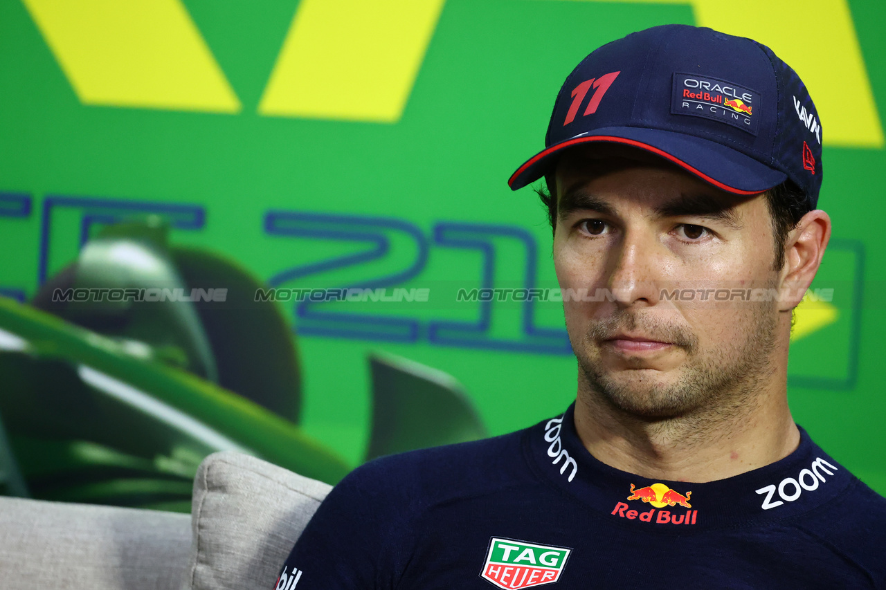 GP BRASILE, Sergio Perez (MEX) Red Bull Racing in the post Sprint FIA Press Conference.

04.11.2023. Formula 1 World Championship, Rd 21, Brazilian Grand Prix, Sao Paulo, Brazil, Sprint Day.

- www.xpbimages.com, EMail: requests@xpbimages.com © Copyright: Batchelor / XPB Images