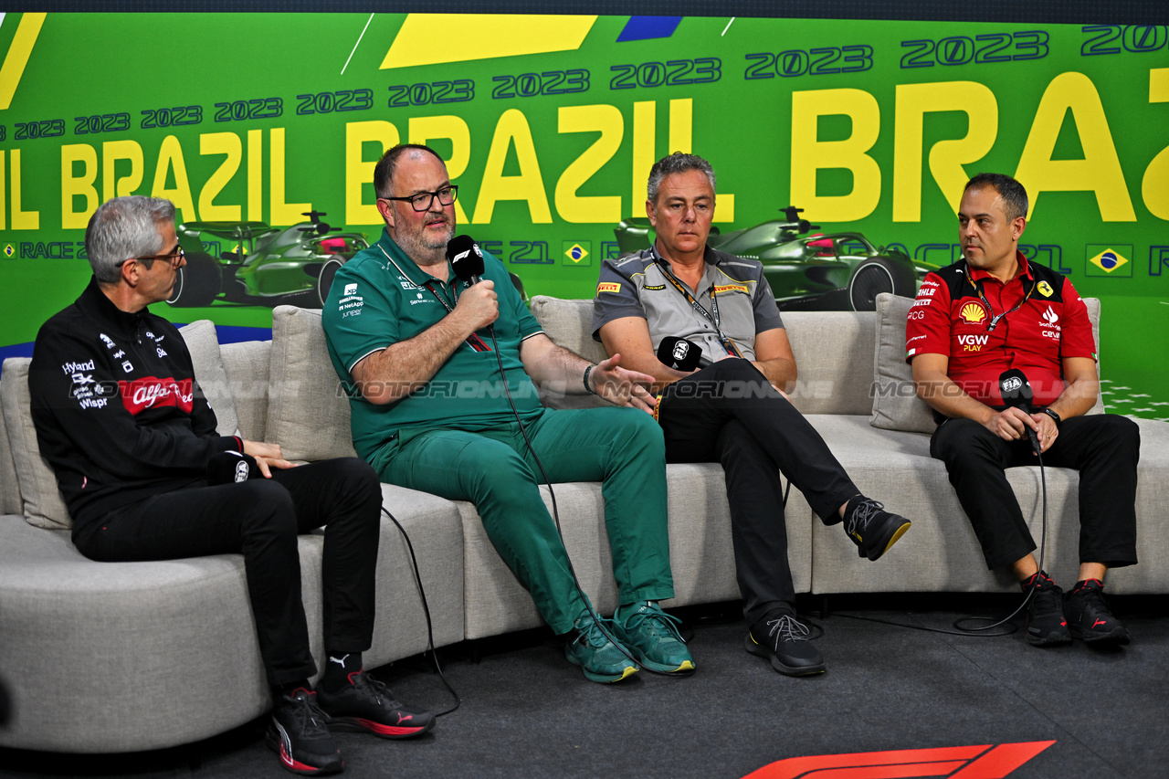 GP BRASILE, (L to R): Alessandro Alunni Bravi (ITA) Alfa Romeo F1 Team Managing Director e Team Representative; Tom McCullough (GBR) Aston Martin F1 Team Performance Director; Mario Isola (ITA) Pirelli Racing Manager; e Diego Ioverno (ITA) Ferrari Sporting Director, in the FIA Press Conference.

03.11.2023. Formula 1 World Championship, Rd 21, Brazilian Grand Prix, Sao Paulo, Brazil, Qualifiche Day.

- www.xpbimages.com, EMail: requests@xpbimages.com © Copyright: Price / XPB Images