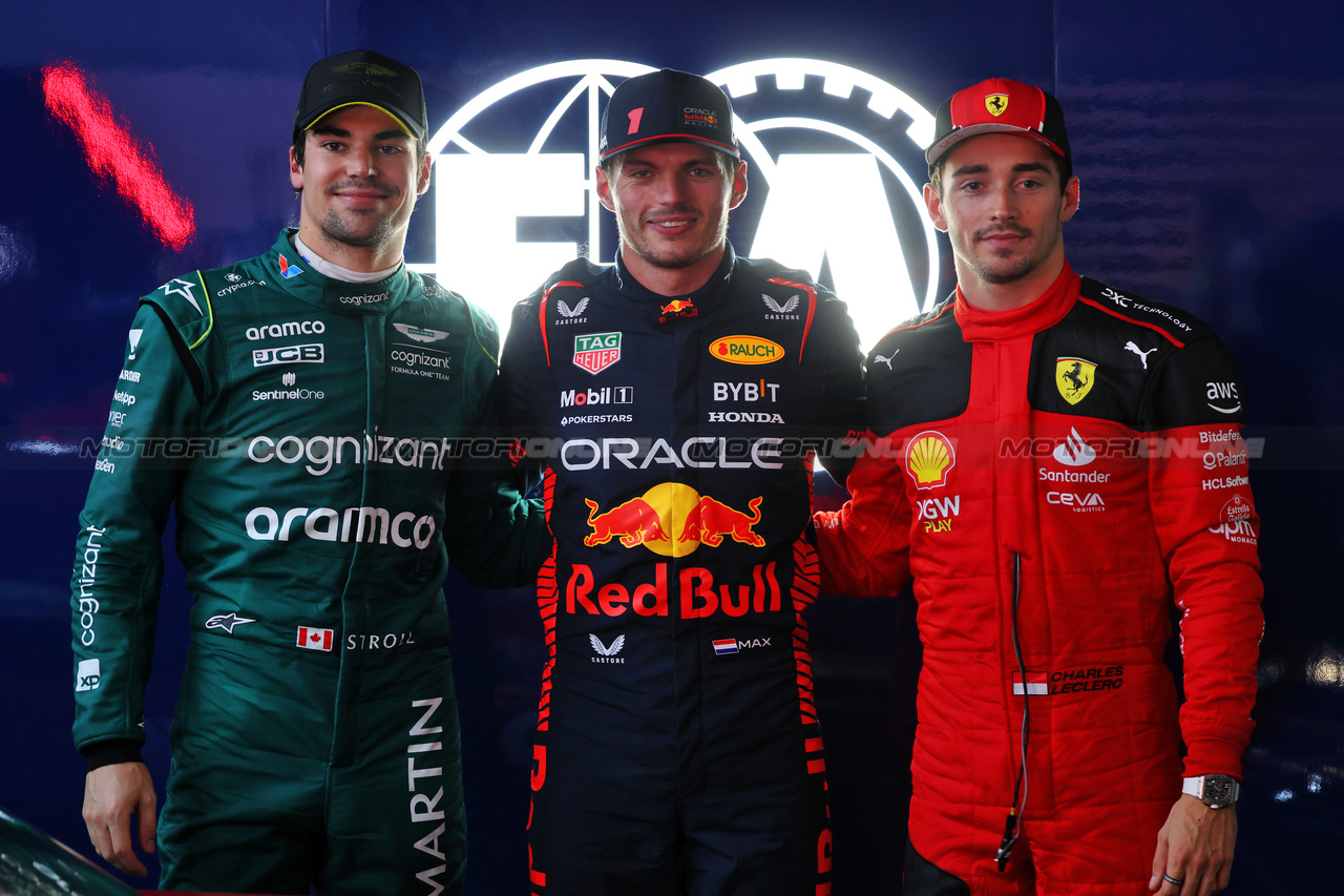 GP BRASILE, Qualifiche top three in parc ferme Lance Stroll (CDN) Aston Martin F1 Team AMR23, third; Max Verstappen (NLD) Red Bull Racing, pole position; Charles Leclerc (MON) Ferrari, second.

03.11.2023. Formula 1 World Championship, Rd 21, Brazilian Grand Prix, Sao Paulo, Brazil, Qualifiche Day.

- www.xpbimages.com, EMail: requests@xpbimages.com © Copyright: Batchelor / XPB Images