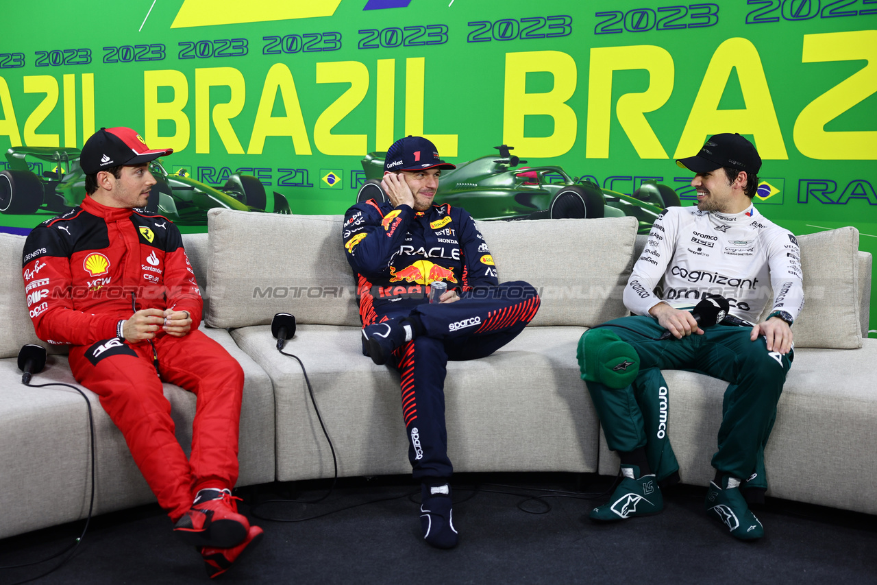 GP BRASILE, (L to R): Charles Leclerc (MON) Ferrari; Max Verstappen (NLD) Red Bull Racing; e Lance Stroll (CDN) Aston Martin F1 Team, in the post qualifying FIA Press Conference.

03.11.2023. Formula 1 World Championship, Rd 21, Brazilian Grand Prix, Sao Paulo, Brazil, Qualifiche Day.

- www.xpbimages.com, EMail: requests@xpbimages.com © Copyright: Batchelor / XPB Images