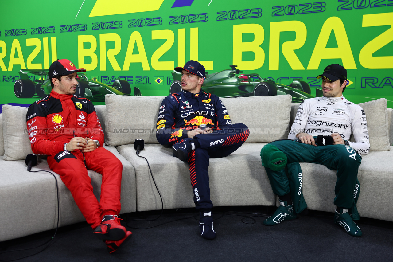 GP BRASILE, (L to R): Charles Leclerc (MON) Ferrari; Max Verstappen (NLD) Red Bull Racing; e Lance Stroll (CDN) Aston Martin F1 Team, in the post qualifying FIA Press Conference.

03.11.2023. Formula 1 World Championship, Rd 21, Brazilian Grand Prix, Sao Paulo, Brazil, Qualifiche Day.

- www.xpbimages.com, EMail: requests@xpbimages.com © Copyright: Batchelor / XPB Images