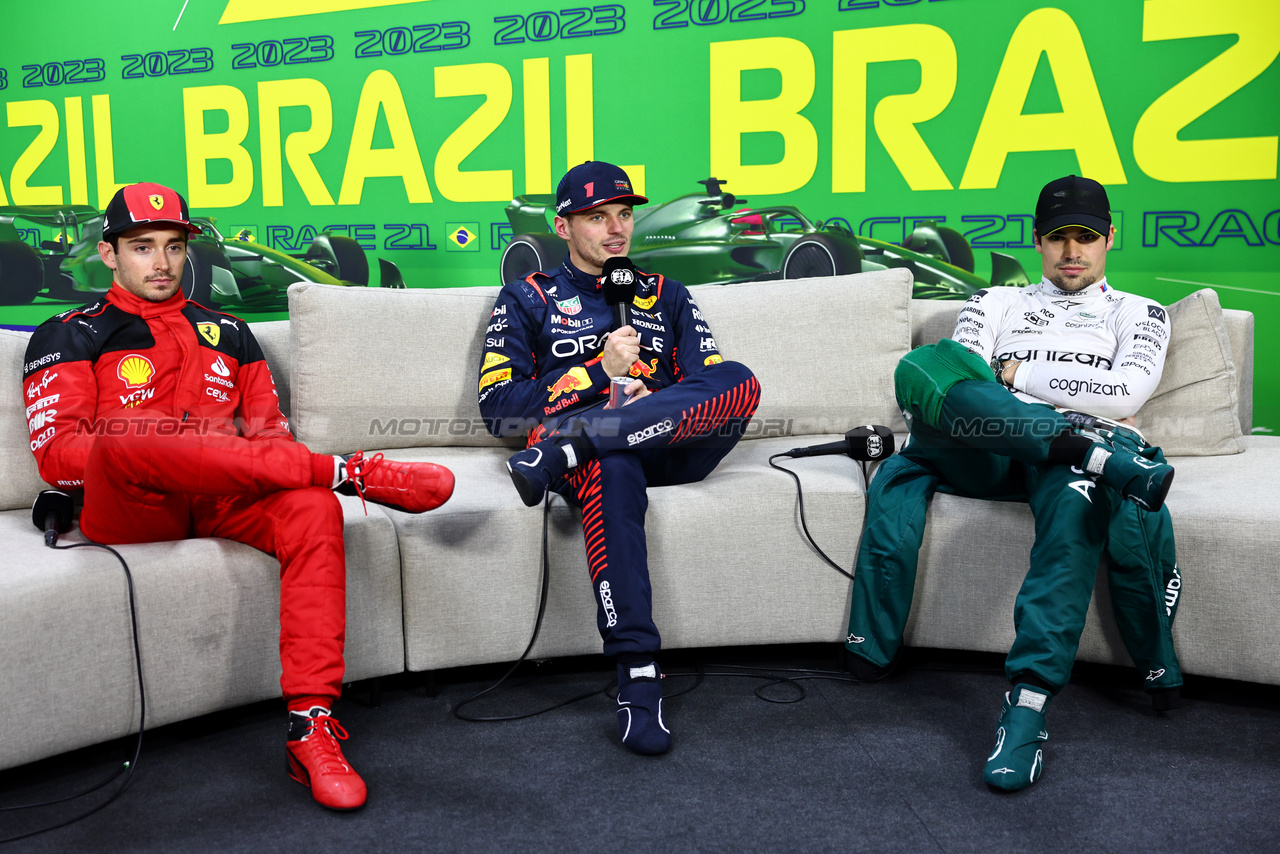 GP BRASILE, (L to R): Charles Leclerc (MON) Ferrari; Max Verstappen (NLD) Red Bull Racing; e Lance Stroll (CDN) Aston Martin F1 Team, in the post qualifying FIA Press Conference.

03.11.2023. Formula 1 World Championship, Rd 21, Brazilian Grand Prix, Sao Paulo, Brazil, Qualifiche Day.

- www.xpbimages.com, EMail: requests@xpbimages.com © Copyright: Batchelor / XPB Images