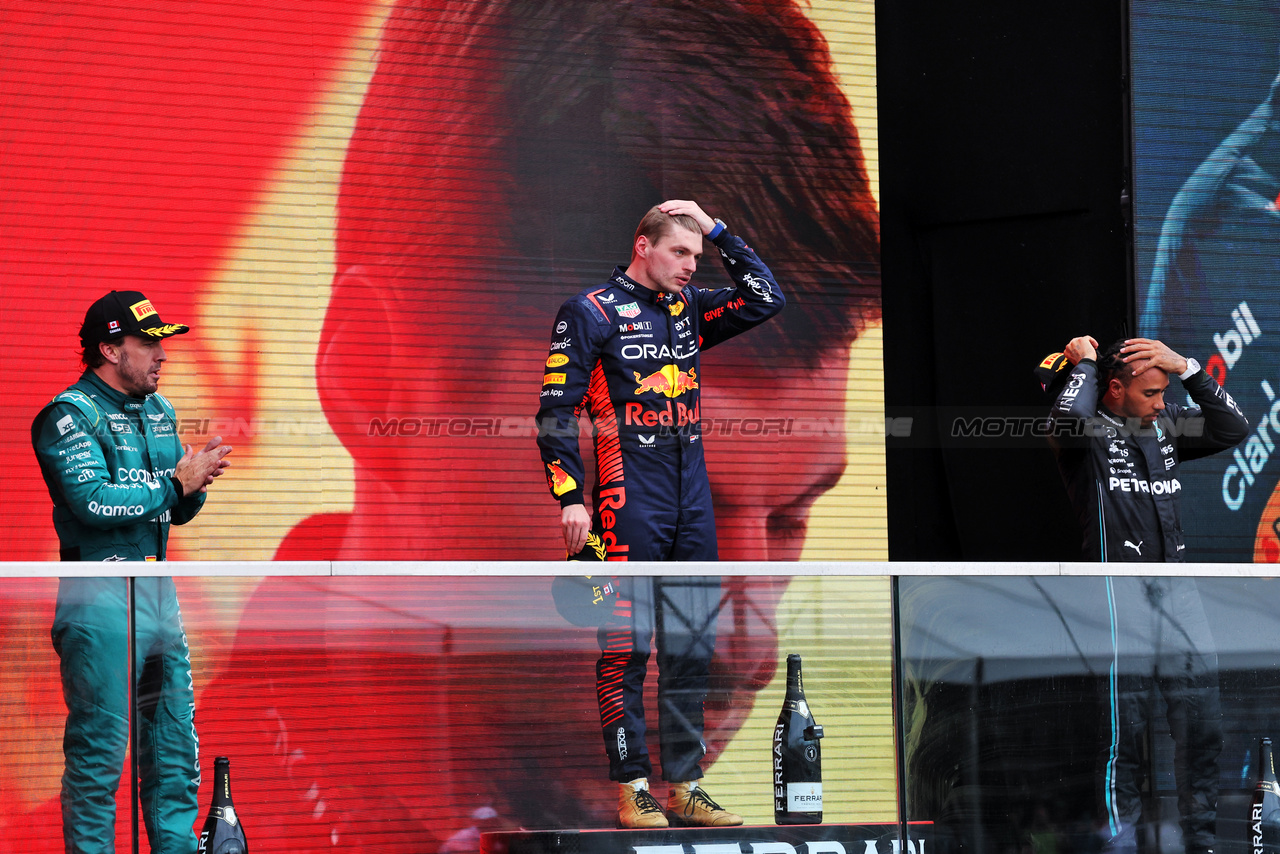 GP CANADA, The podium (L to R): Fernando Alonso (ESP) Aston Martin F1 Team, second; Max Verstappen (NLD) Red Bull Racing, vincitore; Lewis Hamilton (GBR) Mercedes AMG F1, third.

18.06.2023. Formula 1 World Championship, Rd 9, Canadian Grand Prix, Montreal, Canada, Gara Day.

- www.xpbimages.com, EMail: requests@xpbimages.com © Copyright: Bearne / XPB Images