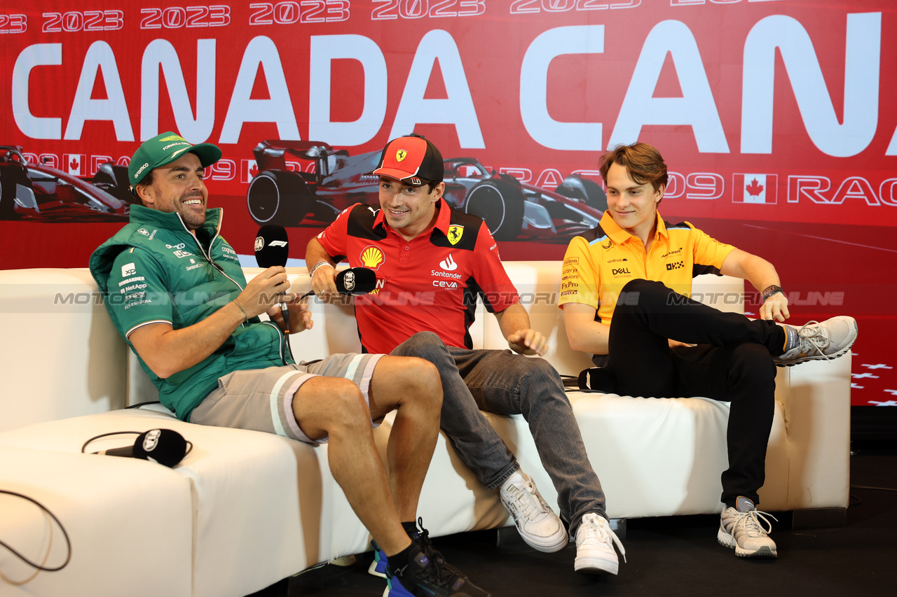 GP CANADA, (L to R): Fernando Alonso (ESP) Aston Martin F1 Team; Charles Leclerc (MON) Ferrari; e Oscar Piastri (AUS) McLaren, in the FIA Press Conference.

15.06.2023. Formula 1 World Championship, Rd 9, Canadian Grand Prix, Montreal, Canada, Preparation Day.

- www.xpbimages.com, EMail: requests@xpbimages.com © Copyright: Bearne / XPB Images