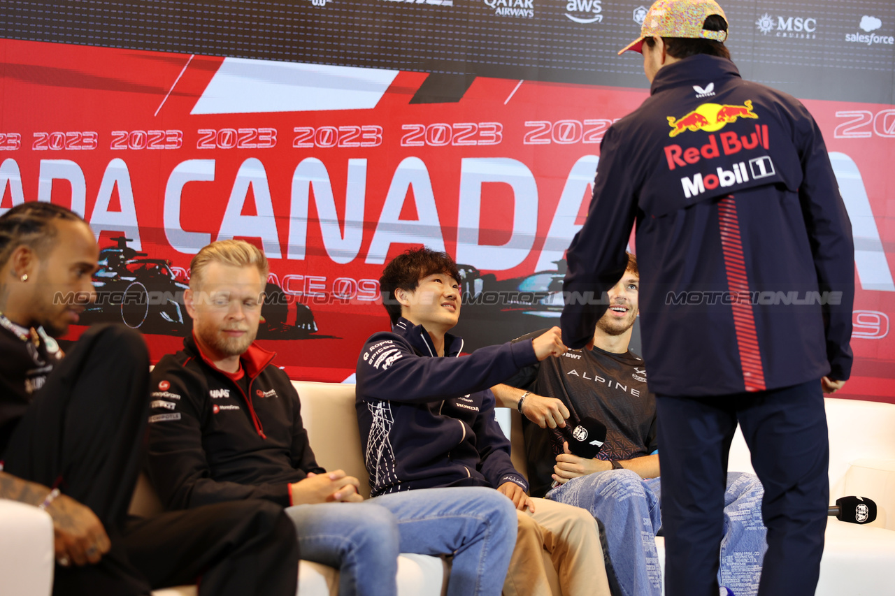 GP CANADA, (L to R): Lewis Hamilton (GBR) Mercedes AMG F1; Kevin Magnussen (DEN) Haas F1 Team; Yuki Tsunoda (JPN) AlphaTauri; Pierre Gasly (FRA) Alpine F1 Team; e Sergio Perez (MEX) Red Bull Racing, in the FIA Press Conference.

15.06.2023. Formula 1 World Championship, Rd 9, Canadian Grand Prix, Montreal, Canada, Preparation Day.

- www.xpbimages.com, EMail: requests@xpbimages.com © Copyright: Bearne / XPB Images