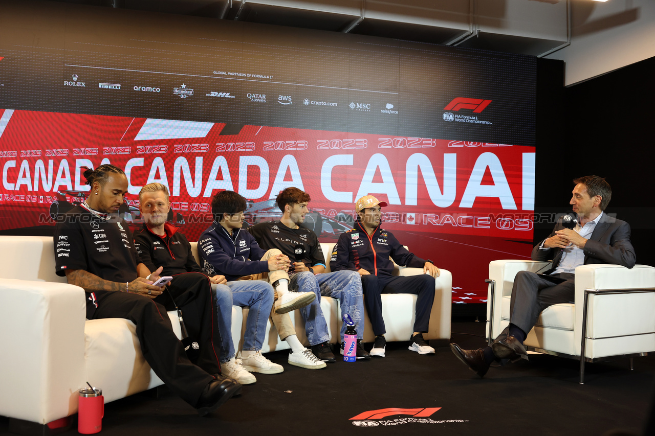 GP CANADA, (L to R): Lewis Hamilton (GBR) Mercedes AMG F1; Kevin Magnussen (DEN) Haas F1 Team; Yuki Tsunoda (JPN) AlphaTauri; Pierre Gasly (FRA) Alpine F1 Team; e Sergio Perez (MEX) Red Bull Racing, in the FIA Press Conference.

15.06.2023. Formula 1 World Championship, Rd 9, Canadian Grand Prix, Montreal, Canada, Preparation Day.

- www.xpbimages.com, EMail: requests@xpbimages.com © Copyright: Bearne / XPB Images