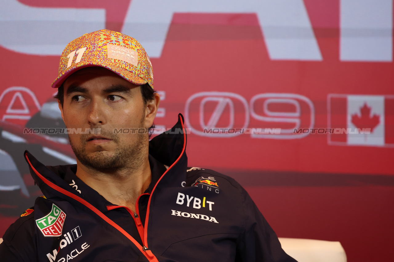 GP CANADA, Sergio Perez (MEX) Red Bull Racing in the FIA Press Conference.

15.06.2023. Formula 1 World Championship, Rd 9, Canadian Grand Prix, Montreal, Canada, Preparation Day.

- www.xpbimages.com, EMail: requests@xpbimages.com © Copyright: Bearne / XPB Images