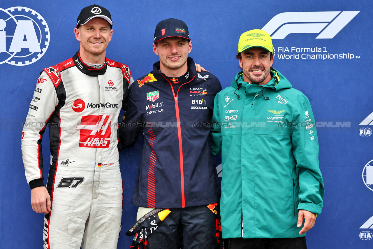 GP CANADA, Qualifiche top three in parc ferme (L to R): Nico Hulkenberg (GER) Haas F1 Team, second; Max Verstappen (NLD) Red Bull Racing, pole position; Fernando Alonso (ESP) Aston Martin F1 Team, third.

17.06.2023. Formula 1 World Championship, Rd 9, Canadian Grand Prix, Montreal, Canada, Qualifiche Day.

- www.xpbimages.com, EMail: requests@xpbimages.com © Copyright: Batchelor / XPB Images