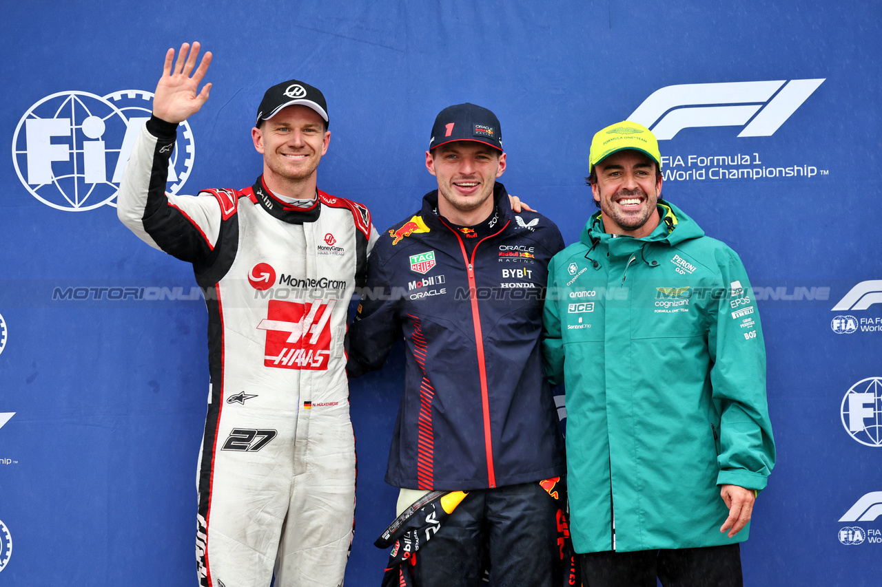 GP CANADA, Qualifiche top three in parc ferme (L to R): Nico Hulkenberg (GER) Haas F1 Team, second; Max Verstappen (NLD) Red Bull Racing, pole position; Fernando Alonso (ESP) Aston Martin F1 Team, third.

17.06.2023. Formula 1 World Championship, Rd 9, Canadian Grand Prix, Montreal, Canada, Qualifiche Day.

- www.xpbimages.com, EMail: requests@xpbimages.com © Copyright: Batchelor / XPB Images