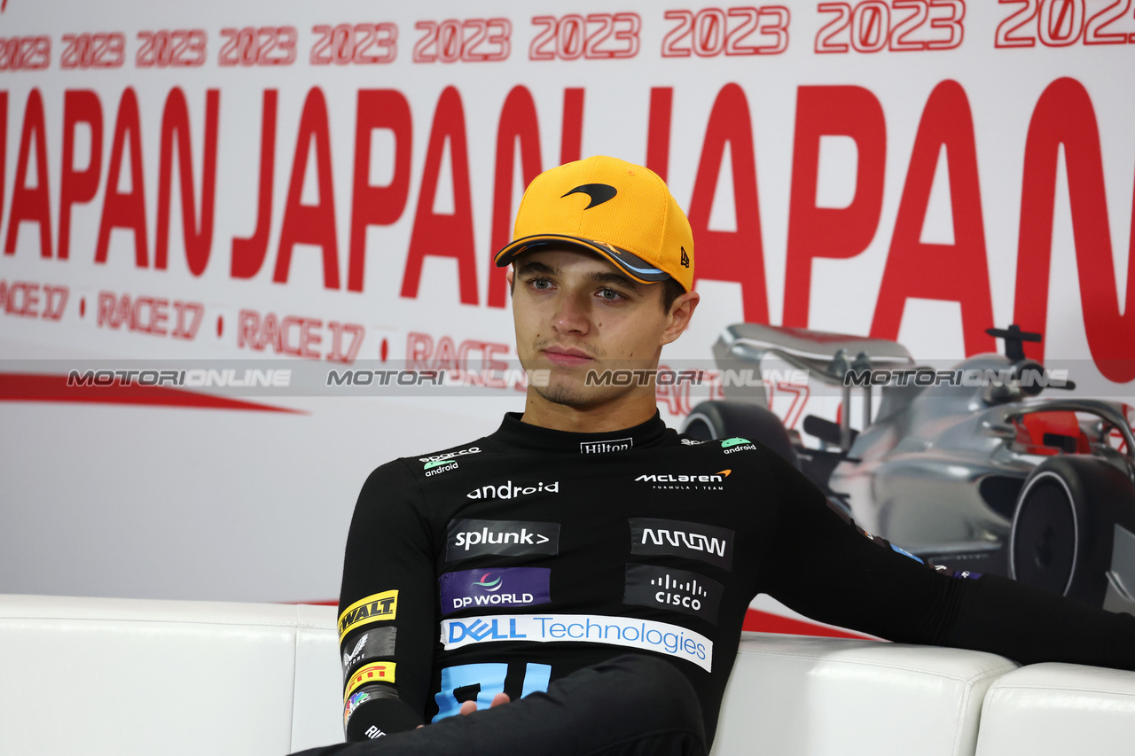 GP GIAPPONE, Lando Norris (GBR) McLaren in the post race FIA Press Conference.

24.09.2023. Formula 1 World Championship, Rd 17, Japanese Grand Prix, Suzuka, Japan, Gara Day.

- www.xpbimages.com, EMail: requests@xpbimages.com © Copyright: Moy / XPB Images