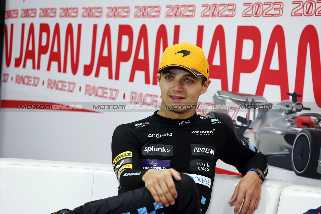 GP GIAPPONE, Lando Norris (GBR) McLaren in the post race FIA Press Conference.

24.09.2023. Formula 1 World Championship, Rd 17, Japanese Grand Prix, Suzuka, Japan, Gara Day.

- www.xpbimages.com, EMail: requests@xpbimages.com © Copyright: Moy / XPB Images