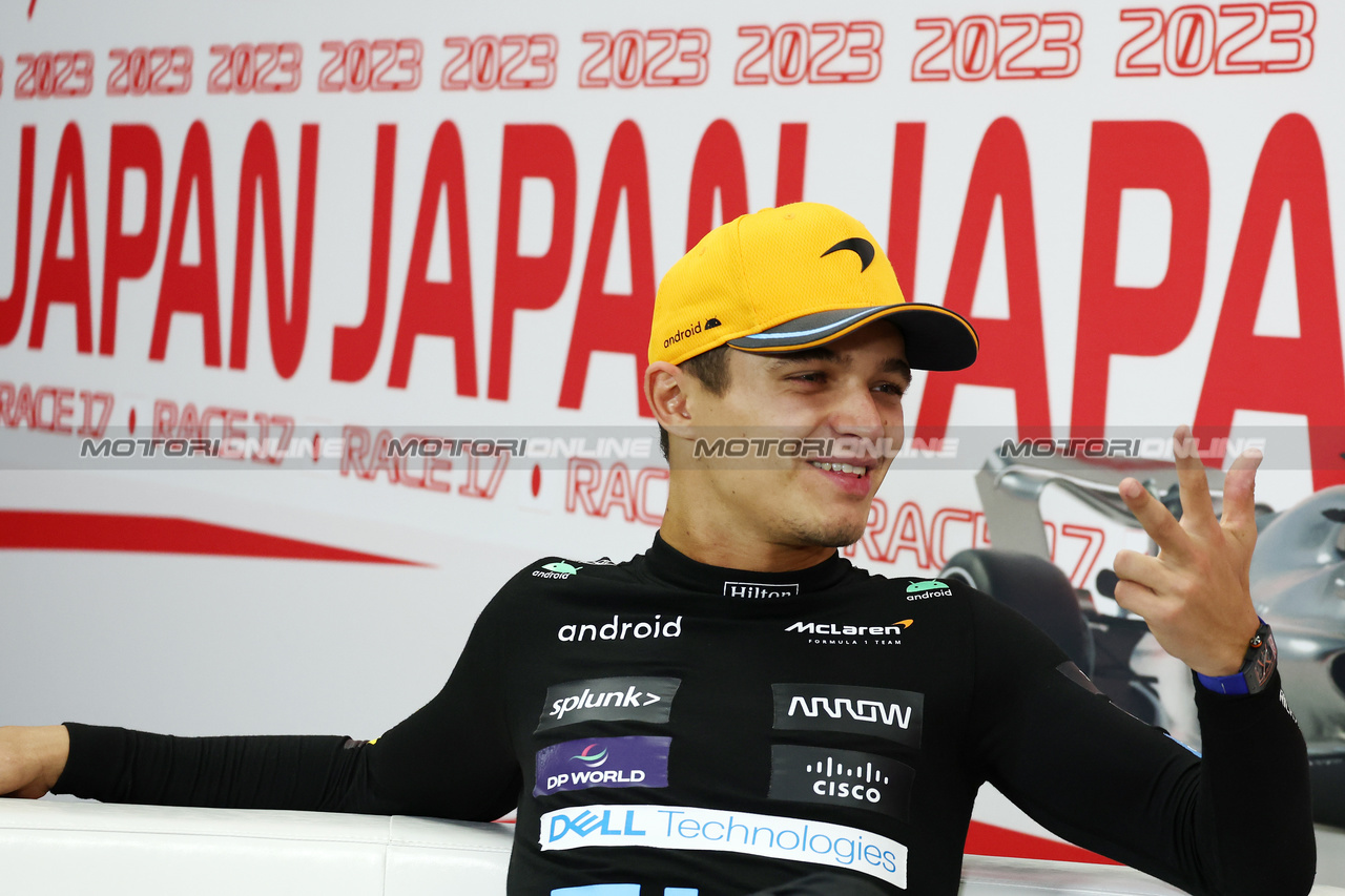 GP GIAPPONE, Lando Norris (GBR) McLaren in the post race FIA Press Conference.

24.09.2023. Formula 1 World Championship, Rd 17, Japanese Grand Prix, Suzuka, Japan, Gara Day.

- www.xpbimages.com, EMail: requests@xpbimages.com © Copyright: Moy / XPB Images