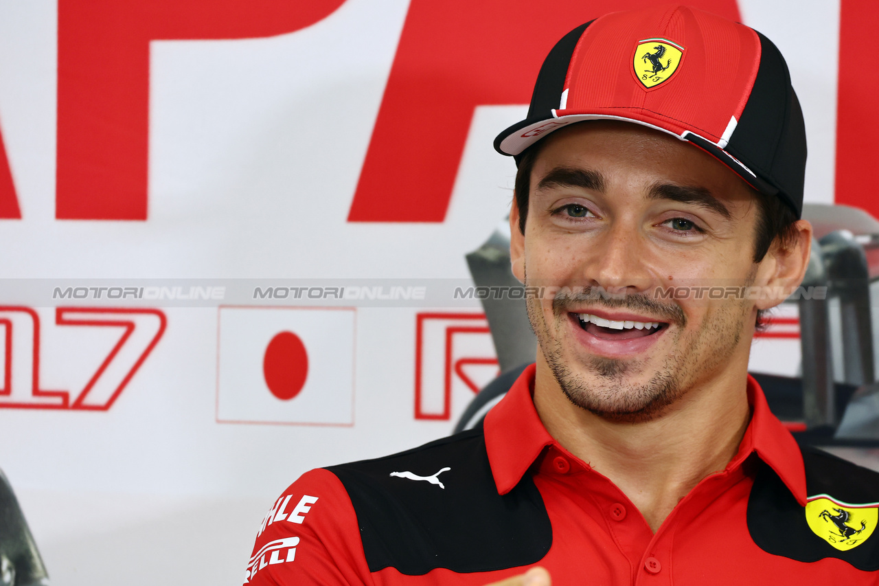 GP GIAPPONE, Charles Leclerc (MON) Ferrari in the FIA Press Conference.

21.09.2023. Formula 1 World Championship, Rd 17, Japanese Grand Prix, Suzuka, Japan, Preparation Day.

- www.xpbimages.com, EMail: requests@xpbimages.com © Copyright: Batchelor / XPB Images