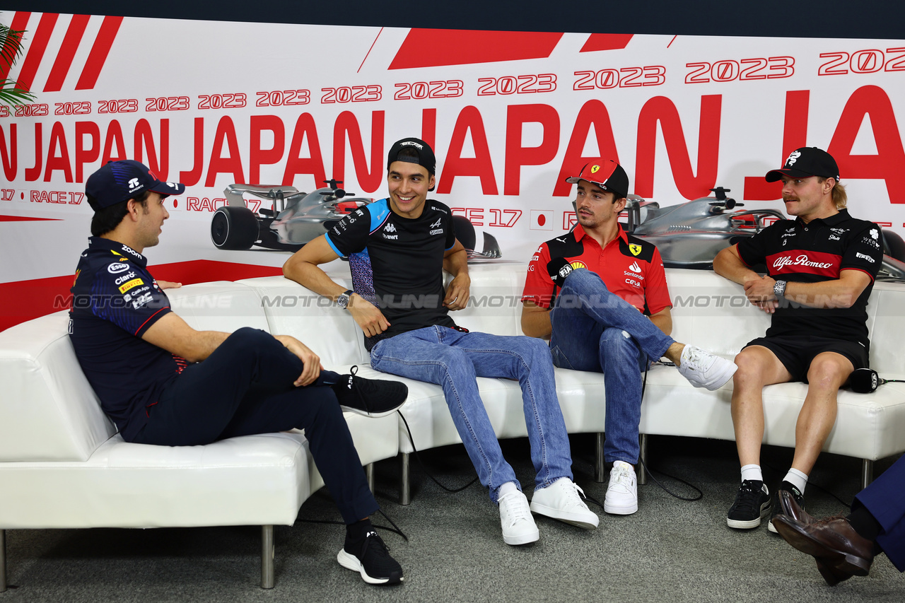 GP GIAPPONE, (L to R): Sergio Perez (MEX) Red Bull Racing; Esteban Ocon (FRA) Alpine F1 Team; Charles Leclerc (MON) Ferrari; e Valtteri Bottas (FIN) Alfa Romeo F1 Team, in the FIA Press Conference.

21.09.2023. Formula 1 World Championship, Rd 17, Japanese Grand Prix, Suzuka, Japan, Preparation Day.

- www.xpbimages.com, EMail: requests@xpbimages.com © Copyright: Batchelor / XPB Images