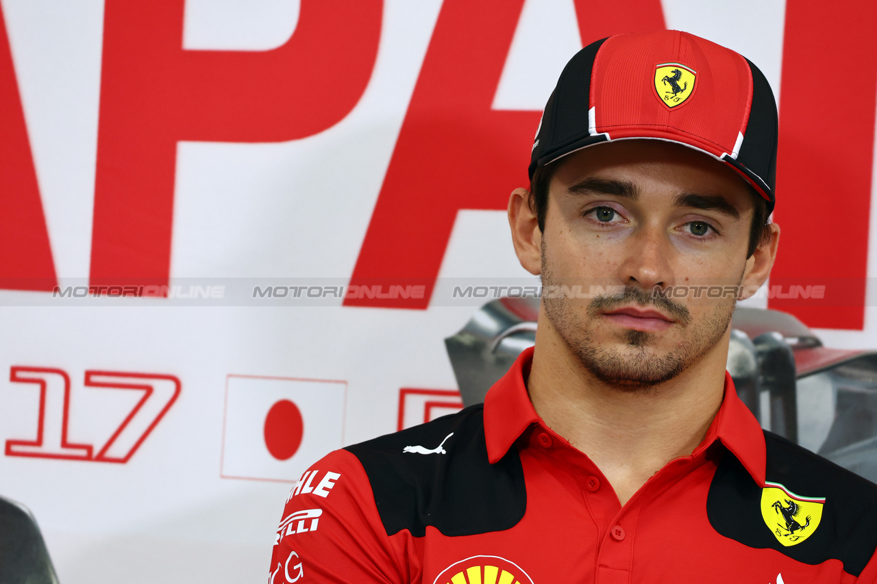 GP GIAPPONE, Charles Leclerc (MON) Ferrari in the FIA Press Conference.

21.09.2023. Formula 1 World Championship, Rd 17, Japanese Grand Prix, Suzuka, Japan, Preparation Day.

- www.xpbimages.com, EMail: requests@xpbimages.com © Copyright: Batchelor / XPB Images