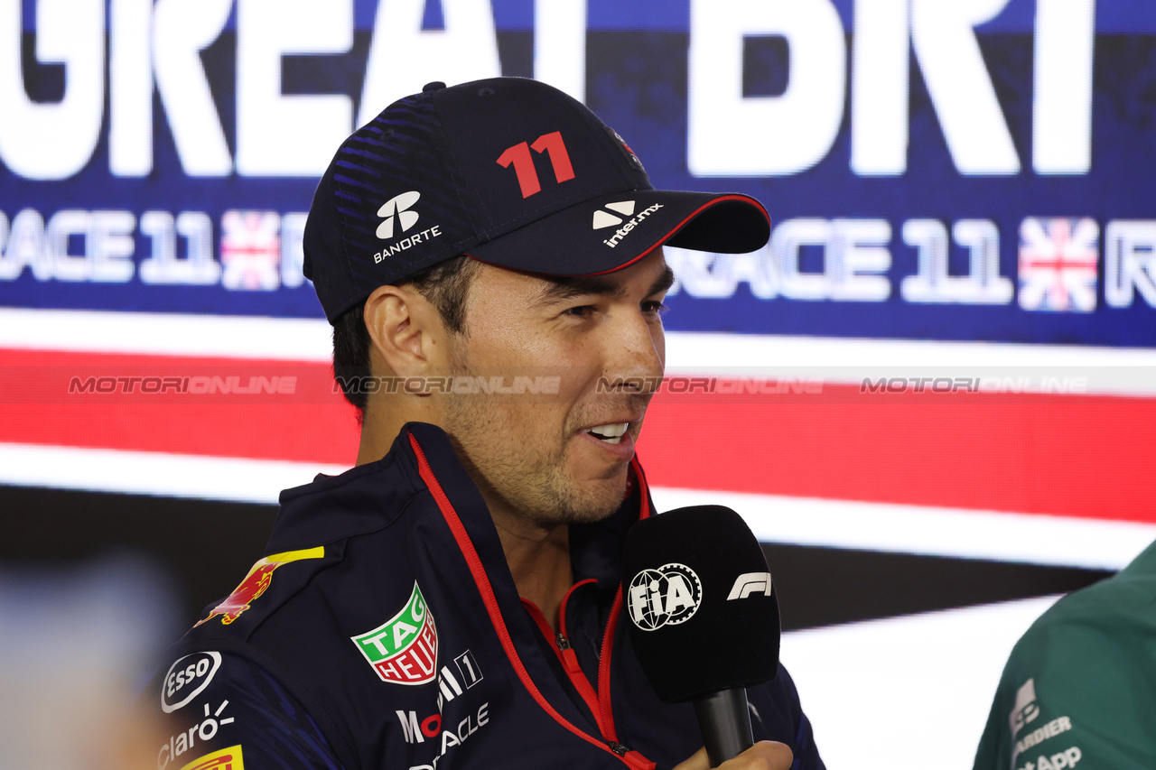GP GRAN BRETAGNA, Sergio Perez (MEX) Red Bull Racing in the FIA Press Conference.

06.07.2023. Formula 1 World Championship, Rd 11, British Grand Prix, Silverstone, England, Preparation Day.

- www.xpbimages.com, EMail: requests@xpbimages.com © Copyright: Bearne / XPB Images