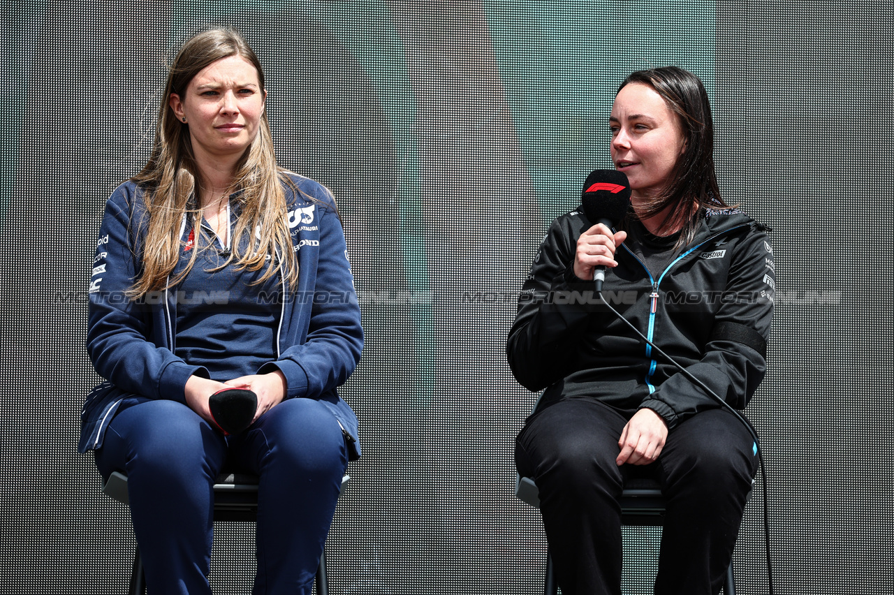 GP GRAN BRETAGNA, Women in Motorsport on the FanZone Stage (L to R): Carine Cridelich, AlphaTauri Gara Strategy Engineer; Ellie Williams (GBR) Alpine F1 Team Sub Assembly Coordinator.

06.07.2023. Formula 1 World Championship, Rd 11, British Grand Prix, Silverstone, England, Preparation Day.

- www.xpbimages.com, EMail: requests@xpbimages.com © Copyright: Charniaux / XPB Images