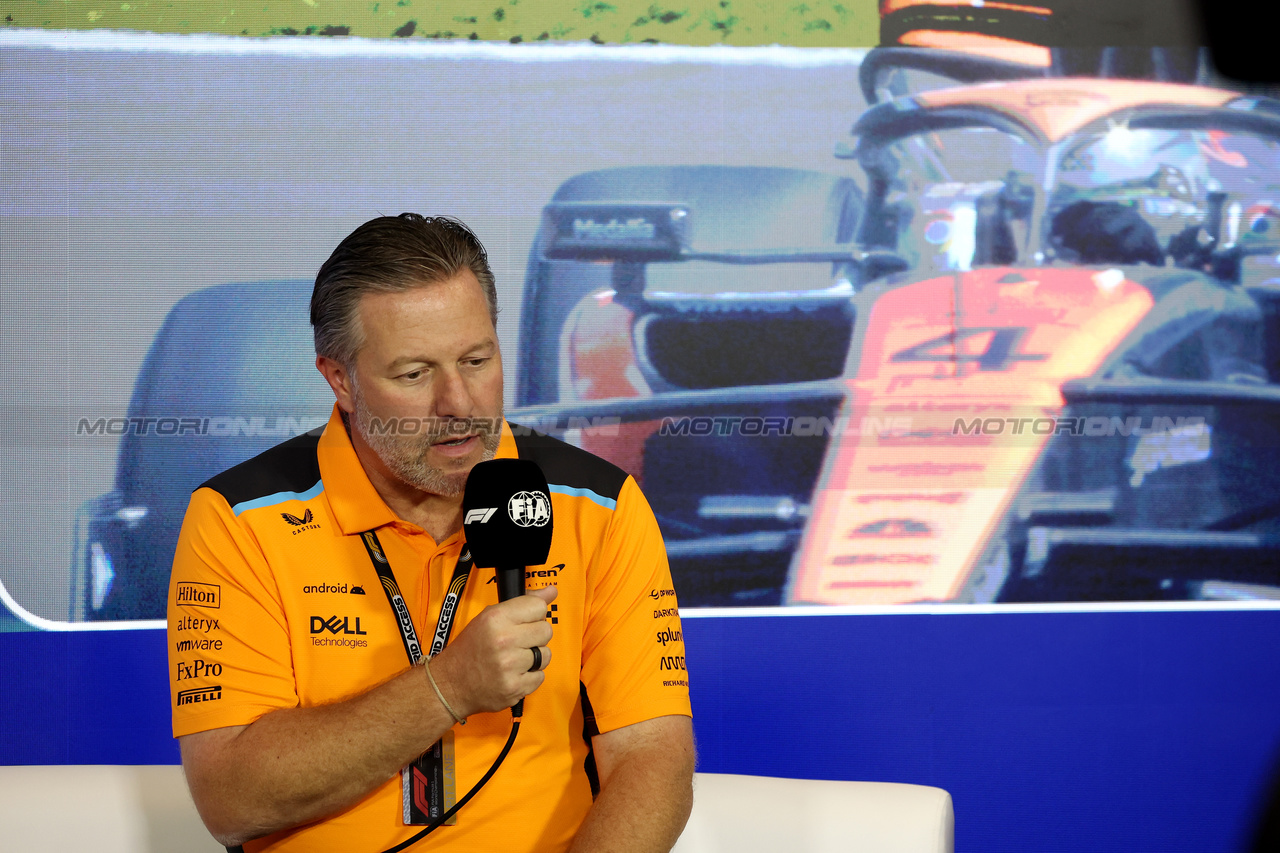 GP GRAN BRETAGNA, Zak Brown (USA) McLaren Executive Director in the FIA Press Conference.

07.07.2023. Formula 1 World Championship, Rd 11, British Grand Prix, Silverstone, England, Practice Day.

- www.xpbimages.com, EMail: requests@xpbimages.com © Copyright: Bearne / XPB Images