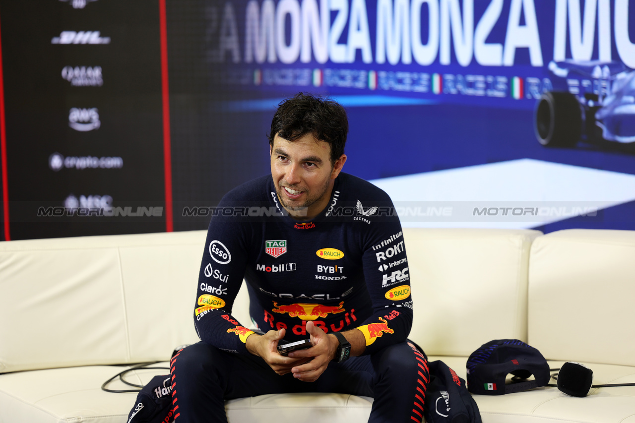 GP ITALIA, Sergio Perez (MEX) Red Bull Racing, in the post race FIA Press Conference.

03.09.2023. Formula 1 World Championship, Rd 15, Italian Grand Prix, Monza, Italy, Gara Day.

 - www.xpbimages.com, EMail: requests@xpbimages.com © Copyright: Staley / XPB Images