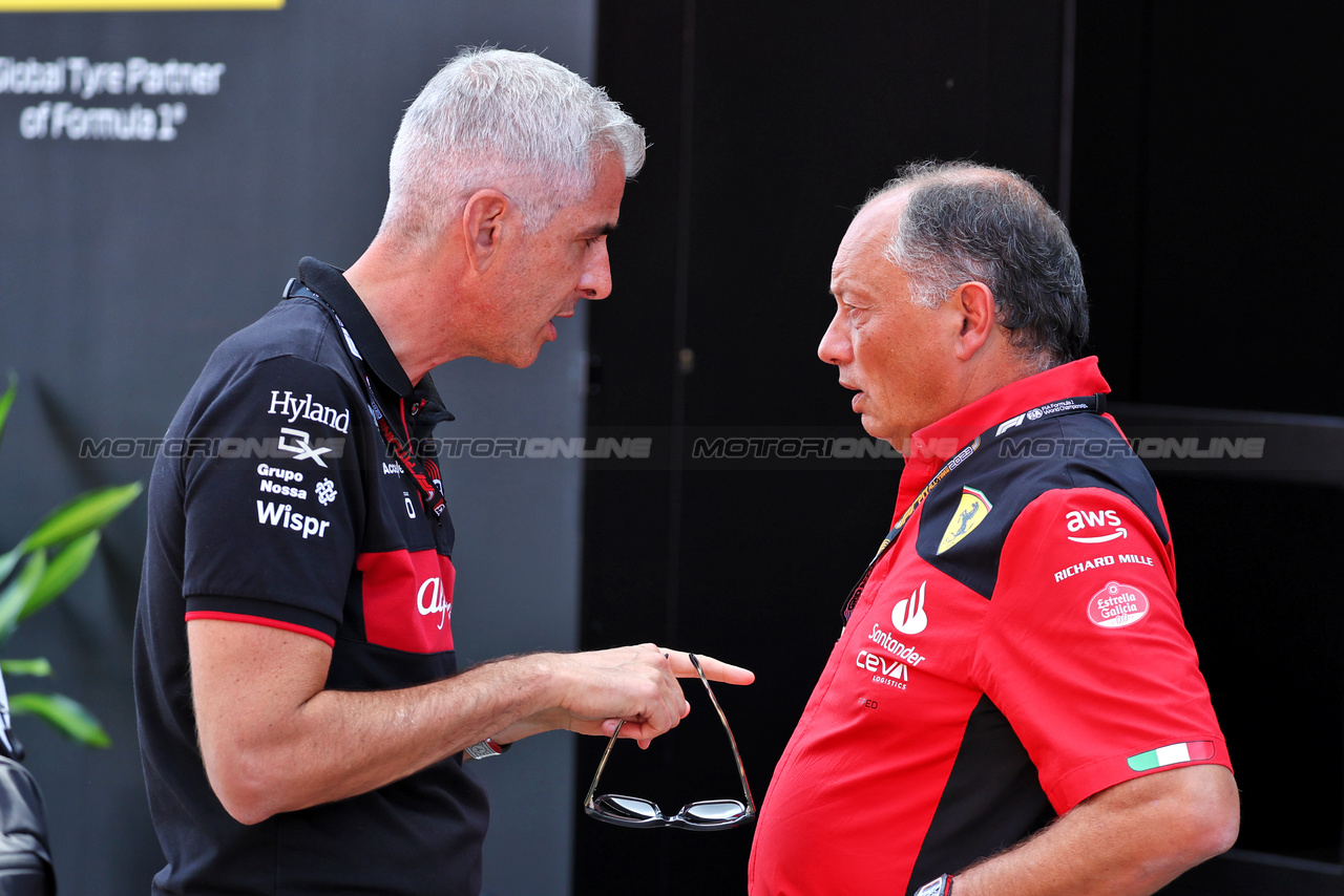 GP ITALIA, (L to R): Alessandro Alunni Bravi (ITA) Alfa Romeo F1 Team Managing Director e Team Representative with Frederic Vasseur (FRA) Ferrari Team Principal.

31.08.2023. Formula 1 World Championship, Rd 15, Italian Grand Prix, Monza, Italy, Preparation Day.

- www.xpbimages.com, EMail: requests@xpbimages.com © Copyright: Moy / XPB Images
