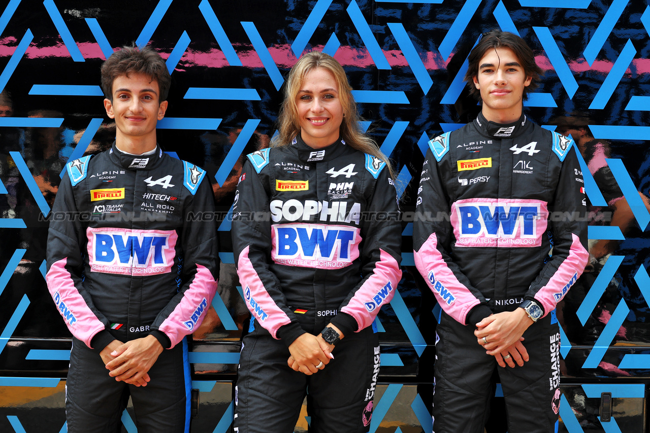 GP ITALIA, (L to R): Gabriele Mini (ITA) Alpine Academy Driver; Sophia Florsch (GER) Alpine Academy Driver; Nikola Tsolov (BGR) Alpine Academy Driver.

31.08.2023. Formula 1 World Championship, Rd 15, Italian Grand Prix, Monza, Italy, Preparation Day.

- www.xpbimages.com, EMail: requests@xpbimages.com © Copyright: Moy / XPB Images