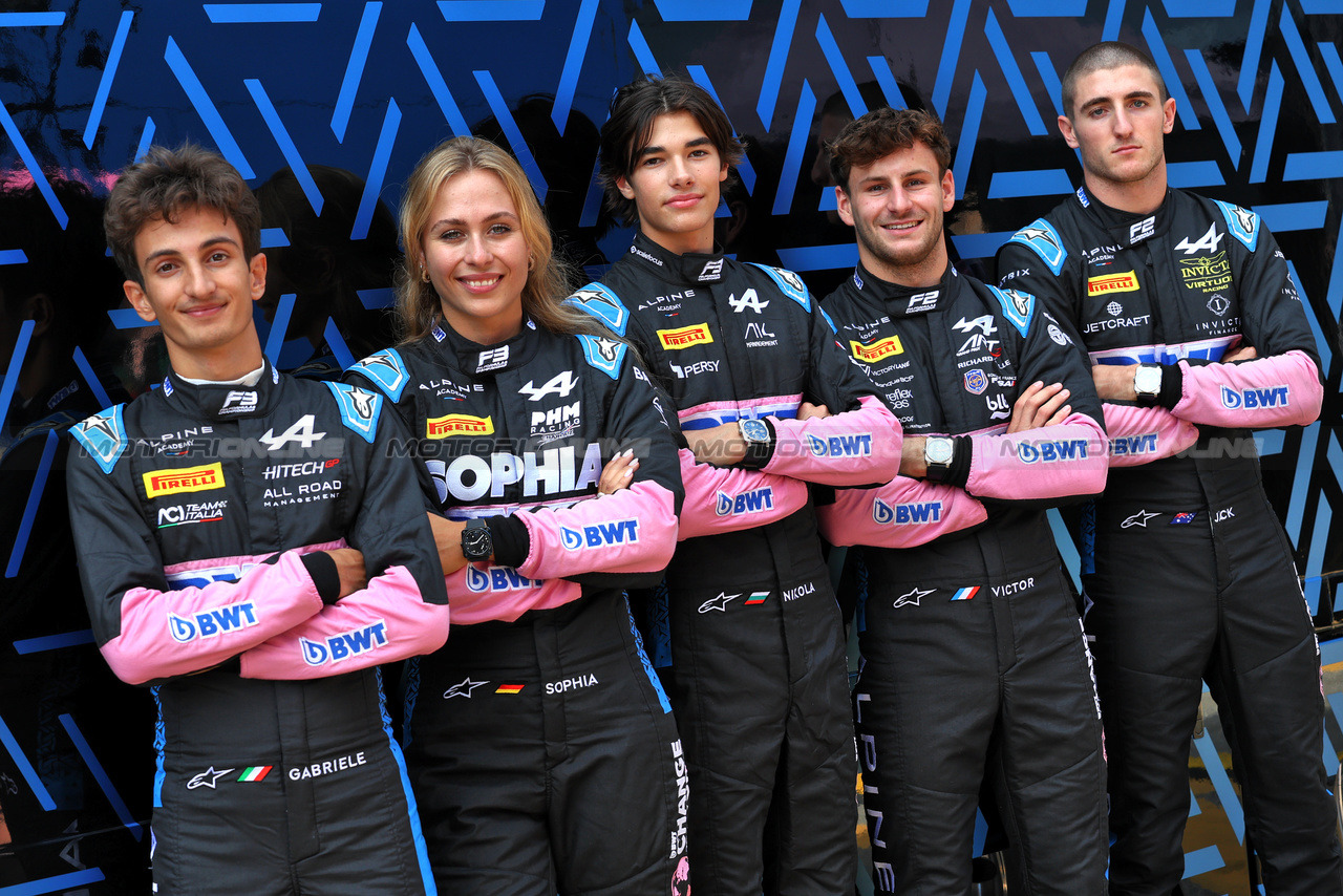 GP ITALIA, (L to R): Gabriele Mini (ITA) Alpine Academy Driver; Sophia Florsch (GER) Alpine Academy Driver; Nikola Tsolov (BGR) Alpine Academy Driver; Victor Martins (FRA) Alpine Academy Driver; Jack Doohan (AUS) Alpine F1 Team Reserve Driver.

31.08.2023. Formula 1 World Championship, Rd 15, Italian Grand Prix, Monza, Italy, Preparation Day.

- www.xpbimages.com, EMail: requests@xpbimages.com © Copyright: Moy / XPB Images