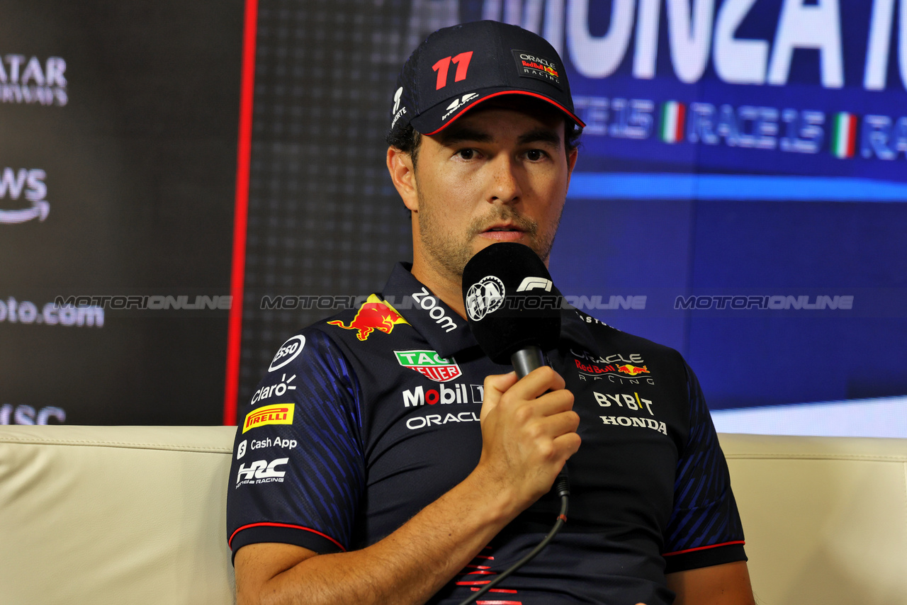 GP ITALIA, Sergio Perez (MEX) Red Bull Racing in the FIA Press Conference.

31.08.2023. Formula 1 World Championship, Rd 15, Italian Grand Prix, Monza, Italy, Preparation Day.

 - www.xpbimages.com, EMail: requests@xpbimages.com © Copyright: Staley / XPB Images