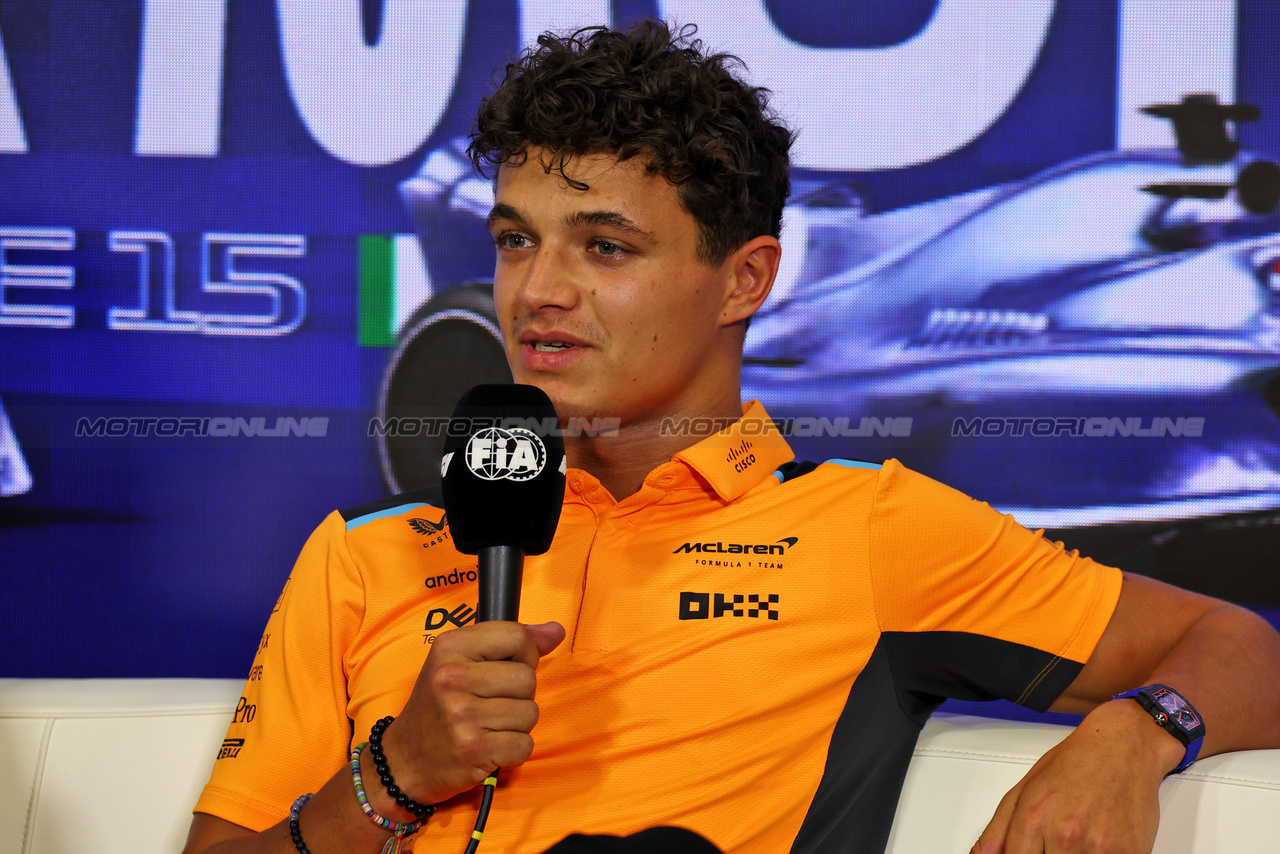 GP ITALIA, Lando Norris (GBR) McLaren in the FIA Press Conference.

31.08.2023. Formula 1 World Championship, Rd 15, Italian Grand Prix, Monza, Italy, Preparation Day.

 - www.xpbimages.com, EMail: requests@xpbimages.com © Copyright: Staley / XPB Images