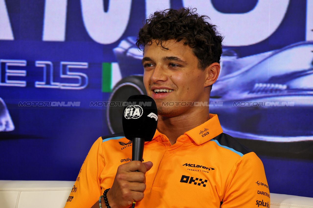 GP ITALIA, Lando Norris (GBR) McLaren in the FIA Press Conference.

31.08.2023. Formula 1 World Championship, Rd 15, Italian Grand Prix, Monza, Italy, Preparation Day.

 - www.xpbimages.com, EMail: requests@xpbimages.com © Copyright: Staley / XPB Images